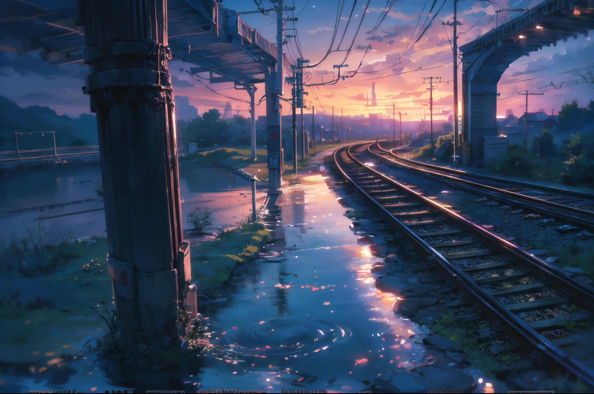 High quality masterpiece, landscape, anime train passing through bodies of water on tracks, bright starry sky. Romantic train, pixiv, concept art, lofi art style, reflection. by Makoto Shinkai, lofi art, Beautiful anime scene, Anime landscape, detailed scenery —width 672, in style of Makoto shinkai, style of Makoto shinkai, enhanced details,Detailed,Realistic,4k highly detailed digital art,octane render, bioluminescent, 8K resolution concept art, realism,by Mappa studios,masterpiece,best quality,official art,illustration,ligne claire,(cool_color),perfect composition,absurdres, fantasy,focused,rule of thirds