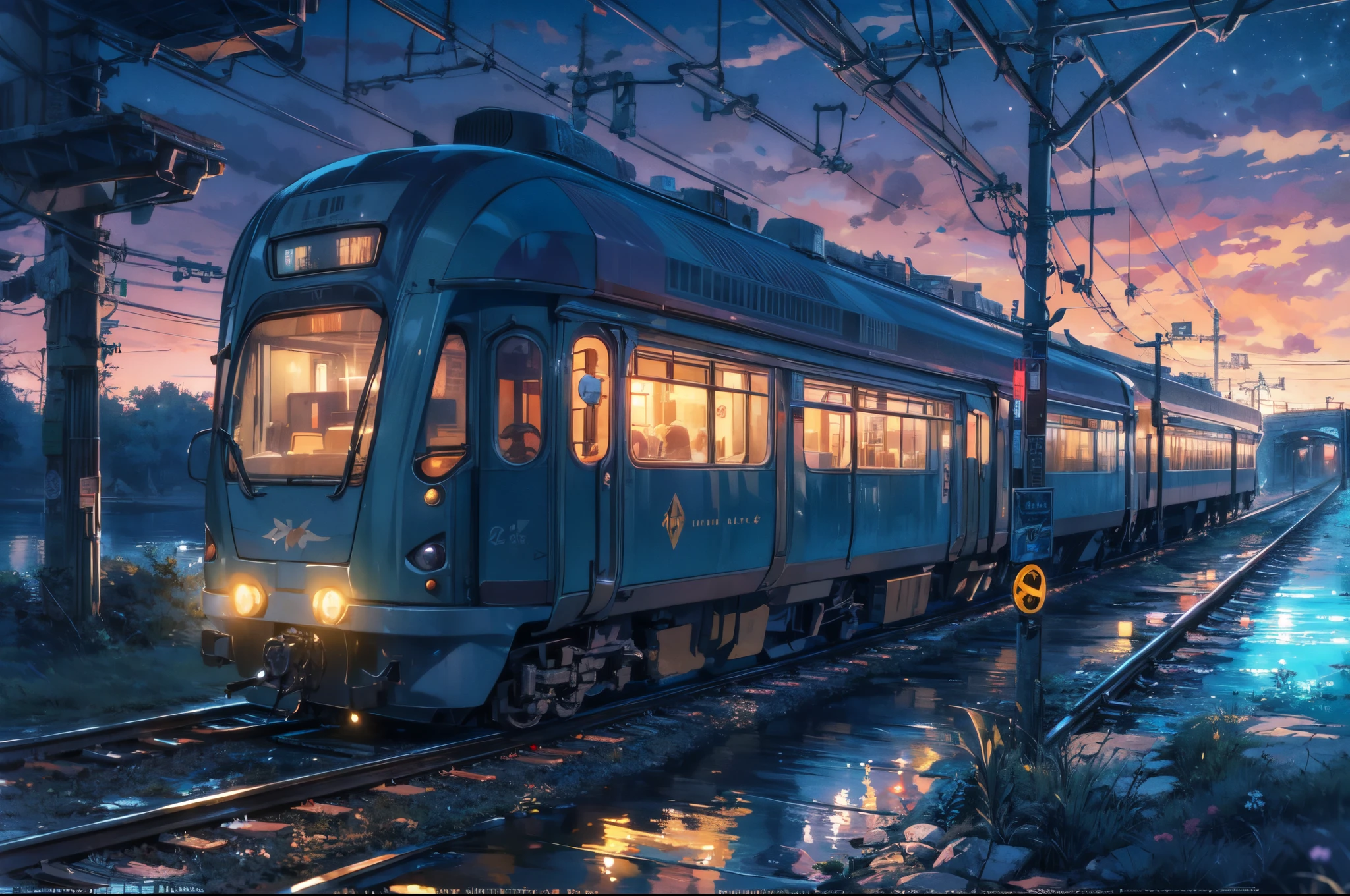 High quality masterpiece, landscape, anime train passing through bodies of water on tracks, bright starry sky. Romantic train, pixiv, concept art, lofi art style, reflection. by Makoto Shinkai, lofi art, Beautiful anime scene, Anime landscape, detailed scenery —width 672, in style of Makoto shinkai, style of Makoto shinkai, enhanced details,Detailed,Realistic,4k highly detailed digital art,octane render, bioluminescent, 8K resolution concept art, realism,by Mappa studios,masterpiece,best quality,official art,illustration,ligne claire,(cool_color),perfect composition,absurdres, fantasy,focused,rule of thirds