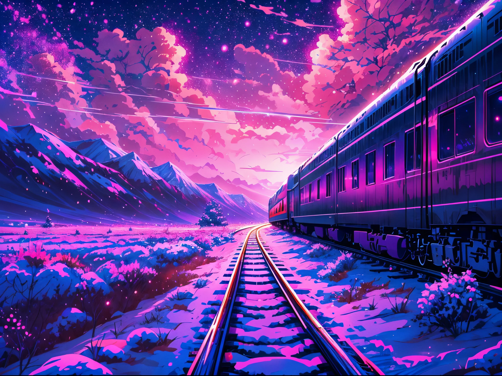 anime scenery of a huge train running on a vast winter plains under a starry night, purple pink sky, half moon, winter, snowy,train focus, view from under , anime art wallpaper 4k, anime clouds, makoto shinkai cyril rolando, by sylvain sarrailh, anime art wallpaper 8 k, 4k highly detailed digital art,