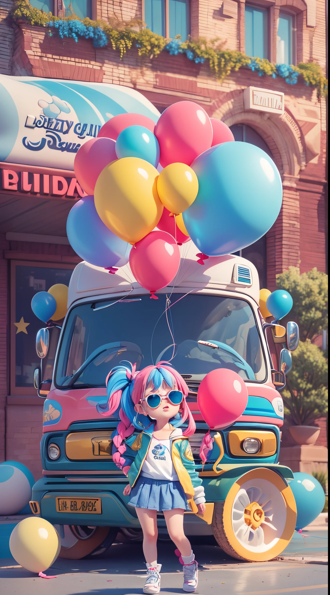 Loli girl, beautiful and cute, wearing blue sunglasses, yellow jacket, white sweatshirt, lots of colorful balloons, , chibi style, red and blue two-color hair, ponytail braided hair, perfect detail eyes, delicate face, perfect CG, HD picture quality, colorful balloons, sky, a white truck parked in front of a building,