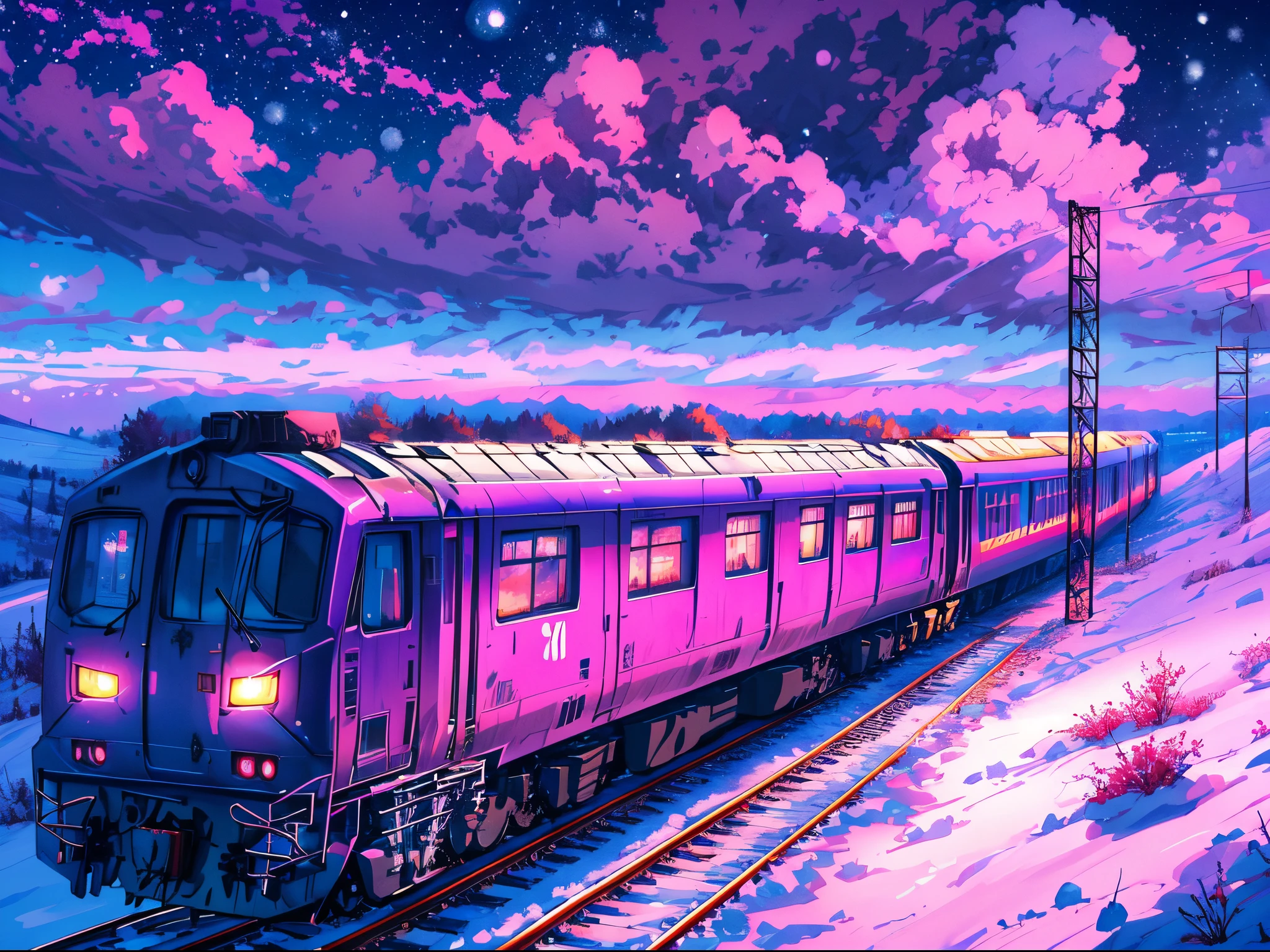 anime scenery of a huge train running on a vast winter plains under a starry night, purple pink sky, half moon, winter, snowy,train focus, view from under , anime art wallpaper 4k, anime clouds, makoto shinkai cyril rolando, by sylvain sarrailh, anime art wallpaper 8 k, 4k highly detailed digital art,