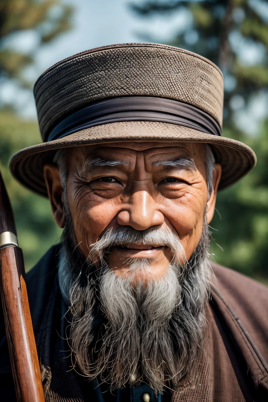 An old man with traditional Chinese thoughts，Real frontal photos，Authentic background，The background is nature，On crutches，worn-out clothing，With a hat on，The face is covered with wrinkles，80-year-old man，，The beard has turned white，male people，ssmile，unreal-engine，Wide，frontal photos，frontal photos，