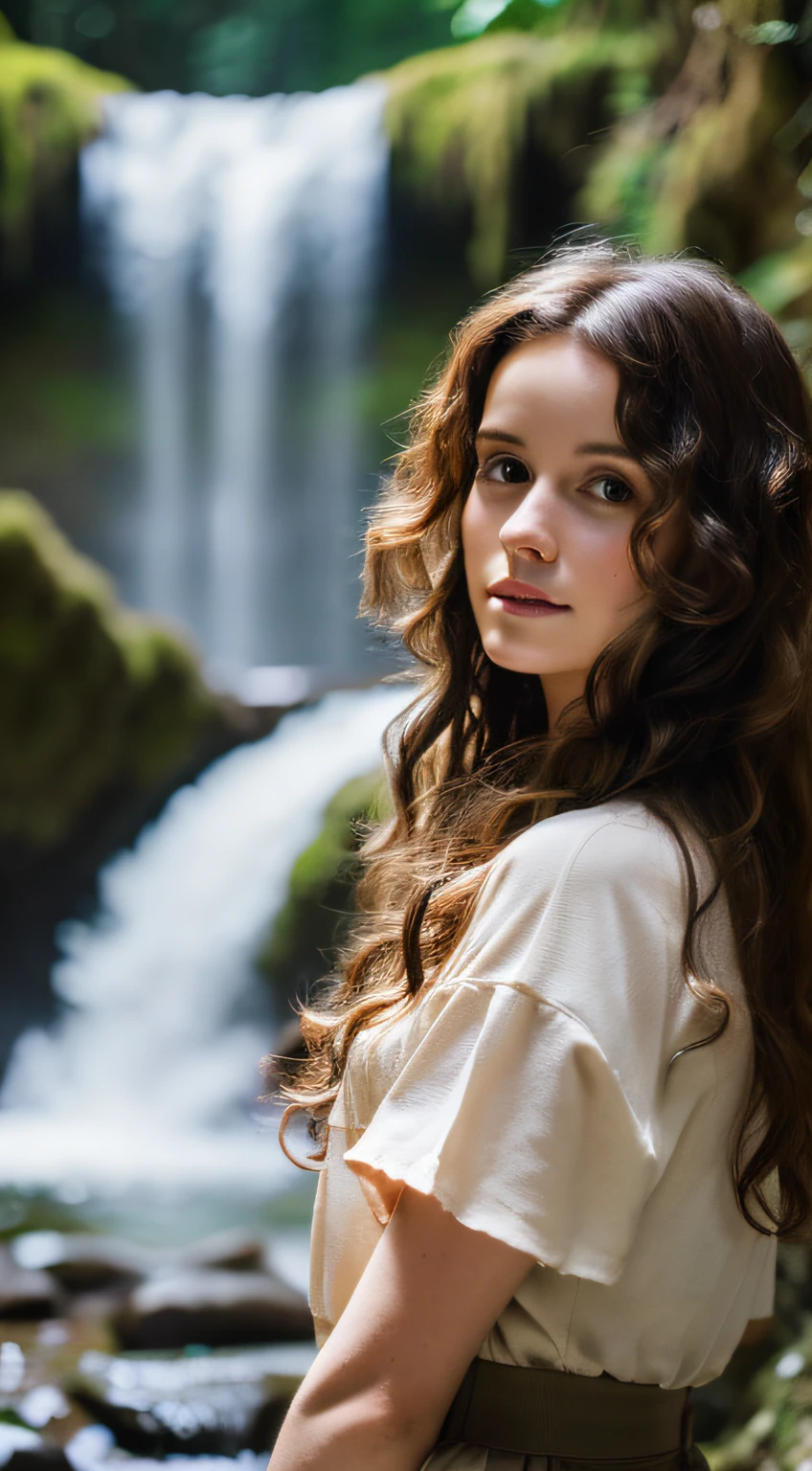 In front of a large waterfall in the forest,25 year old Caucasian girl with dark brown curly hair, Betrayed, In front of a large waterfall in the forest, masterpiece, top-quality, hightquality, hight resolution