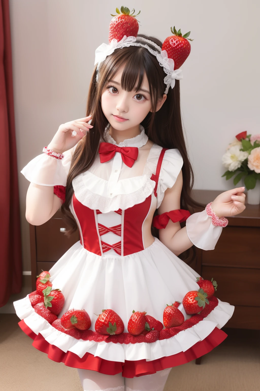 1girl, yorumi rena, virtual youtuber, solo, multicolored hair, twintails, gloves, black hair, white gloves, split-color hair, long hair, breasts, own hands together, puffy sleeves, short sleeves, grey hair, two-tone hair, streaked hair, puffy short sleeves, red eyes, bow, hair ornament, cleavage, parted lips, hands up, hair bobbles, dress, own hands clasped, blush, upper body, very long hair, medium breasts, hair bow, ribbon, red hair, black bow, vertical-striped dress, hair ribbon, pink hair, ahoge, vertical-striped clothes, striped dress, interlocked fingers, black dress