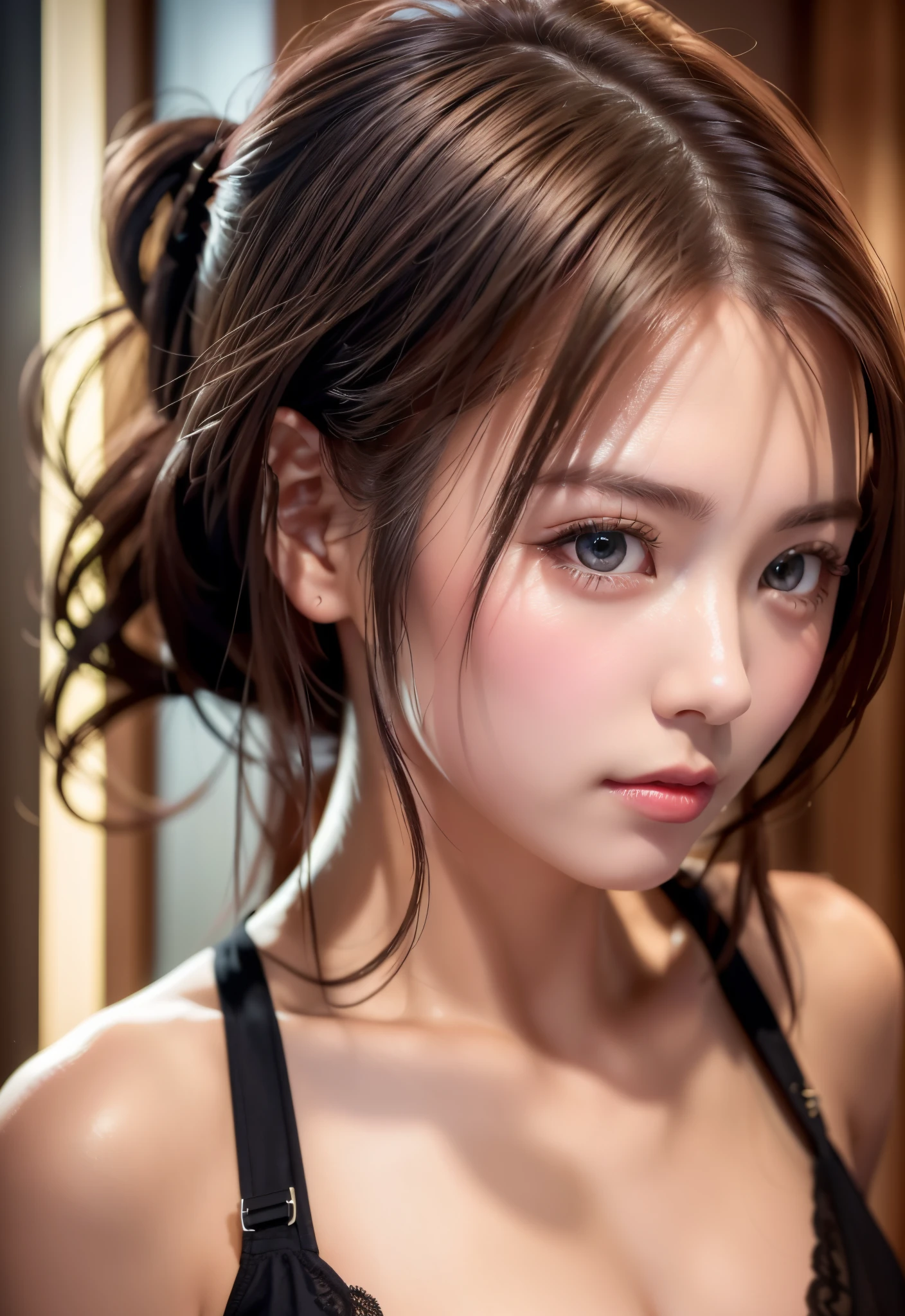 8K, of the highest quality, masutepiece:1.2), (Realistic, Photorealsitic:1.37), of the highest quality, masutepiece, Beautiful young woman, Pensive expression, sweet and charming appearance, sexy lingerie、Hair tied back, Cinematic background, Light skin tone