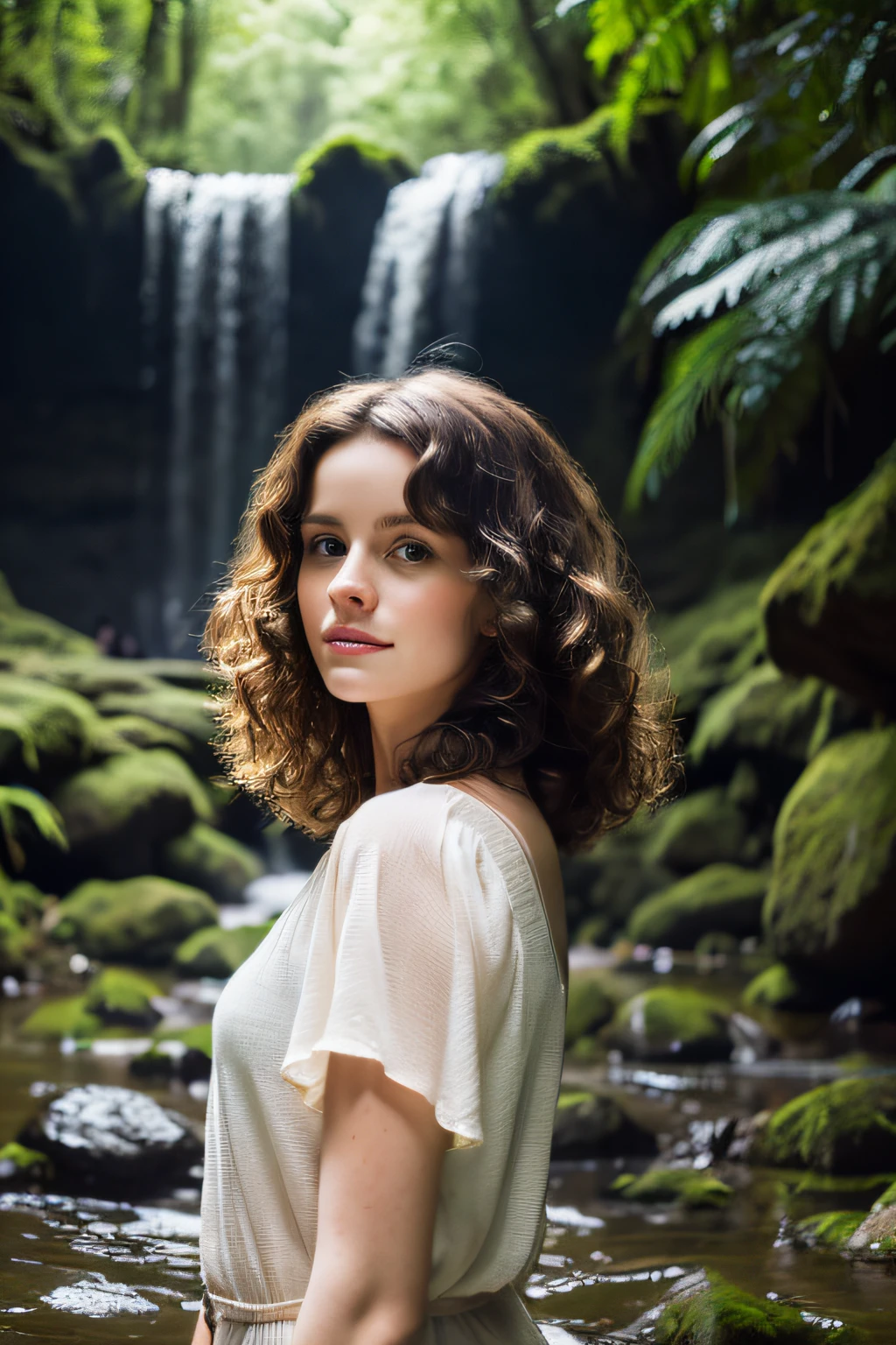 In front of a large waterfall in the forest,25 year old Caucasian girl with dark brown curly hair, Betrayed, In front of a large waterfall in the forest, masterpiece, top-quality, hightquality, hight resolution