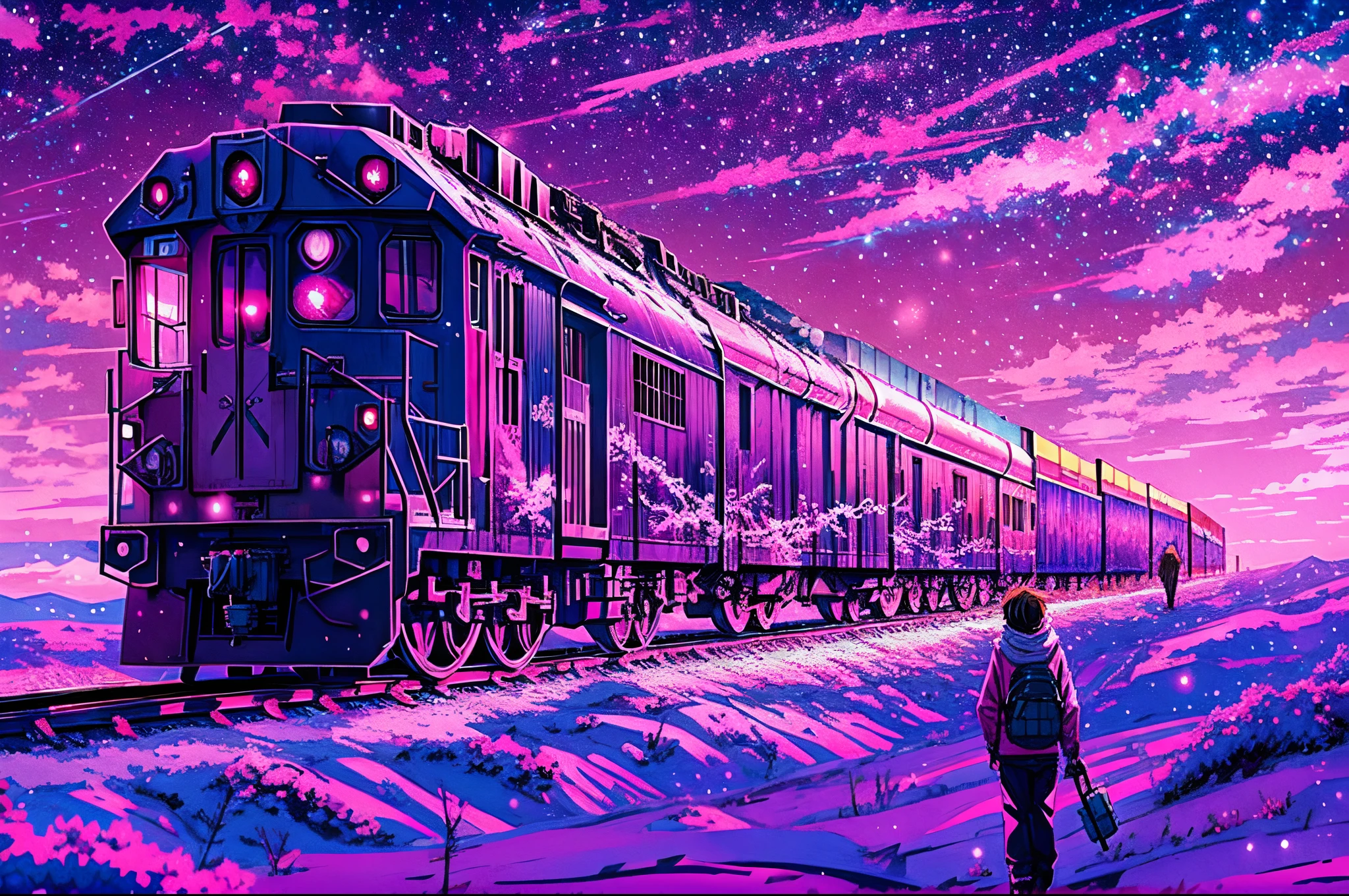 anime scenery of a huge train running on a vast winter plains under a starry night, purple pink sky, half moon, train,winter, snowy,train focus, view from under , anime art wallpaper 4k, anime clouds, makoto shinkai cyril rolando, by sylvain sarrailh, anime art wallpaper 8 k, 4k highly detailed digital art,