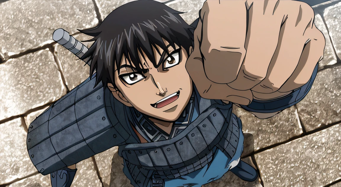 Anime character pointing at camera with fist in hand, animesque, Eren Yeager, guts, Official art, portrait of eren yeager, umanosuke iida, Guts Berserk, berserk style, cel shaded anime, Eren Yeager, portrait of guts from berserk, yukio - e, inspired by Shingei