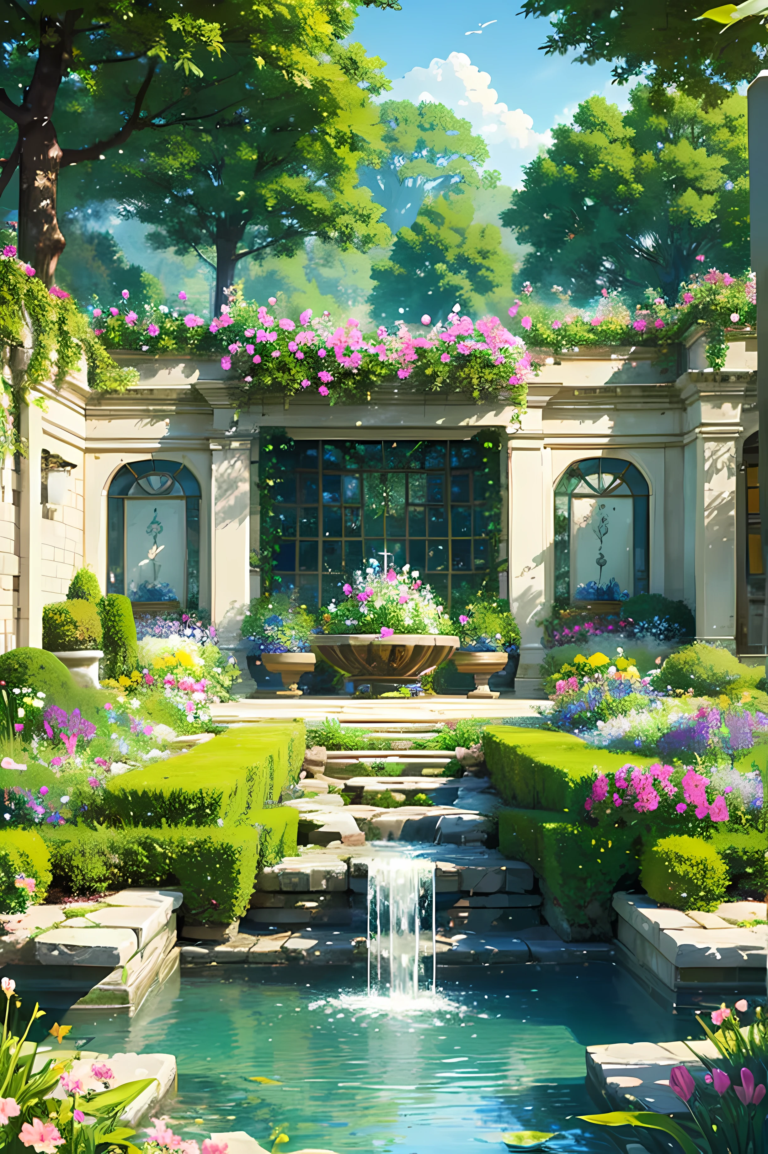 pixelart Generate an image of a beautiful and serene garden, with colorful flowers, gentle streams, and the sounds of nature. Show the tranquility, the life, and the beauty of a perfect day.