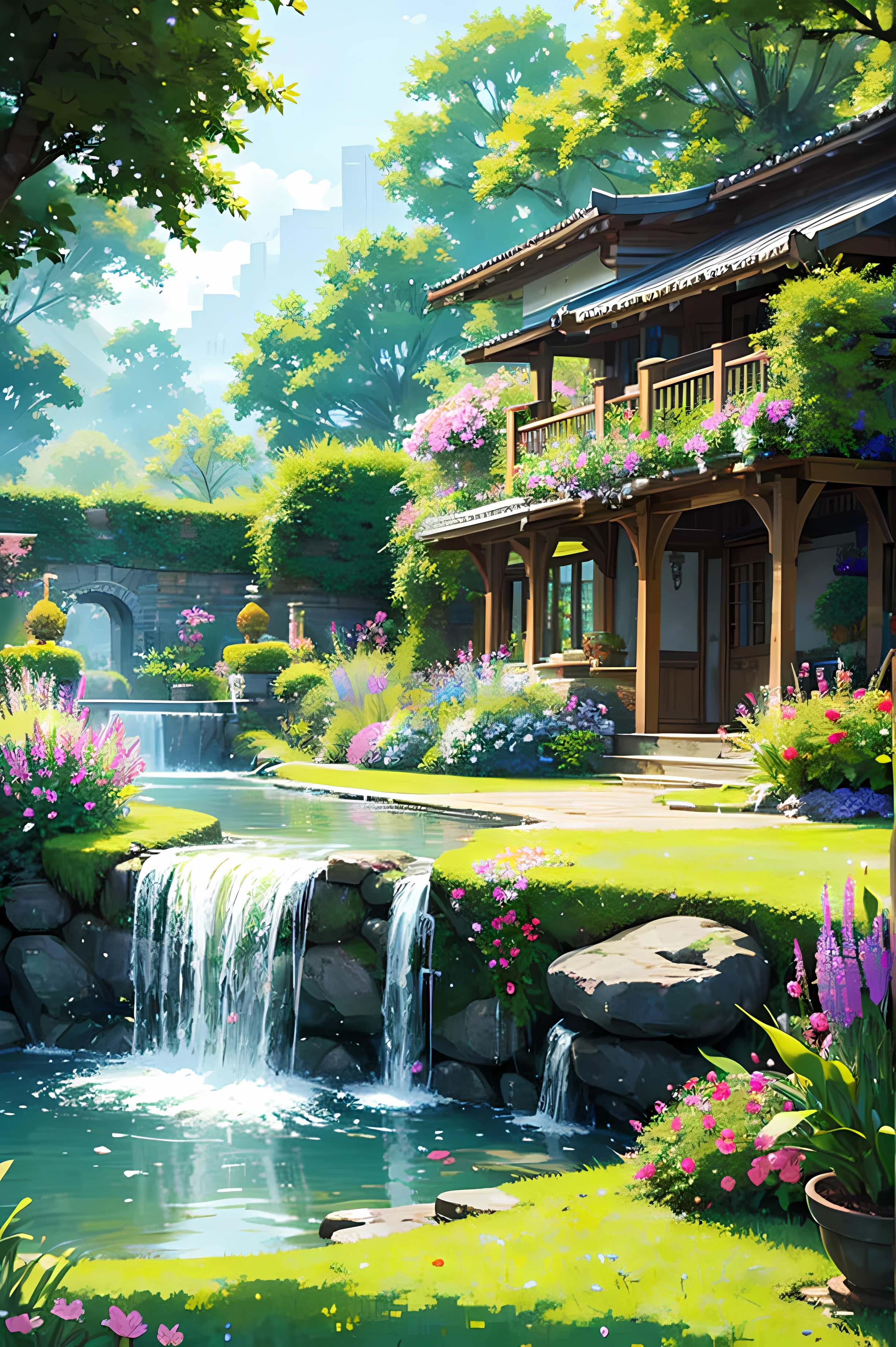pixelart Generate an image of a beautiful and serene garden, with colorful flowers, gentle streams, and the sounds of nature. Show the tranquility, the life, and the beauty of a perfect day.