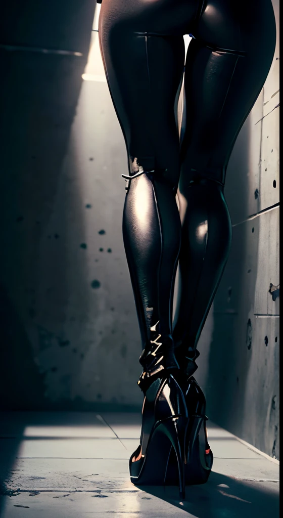 underground room,perspiring,Ass,,Beautiful female legs,Black leather gloves,Detailed,Detailed feet,Beautiful woman background,posterior view,Concrete floors,Concrete walls,beautiful foot,Black leather bikini,perspiring,Black leather high heels,