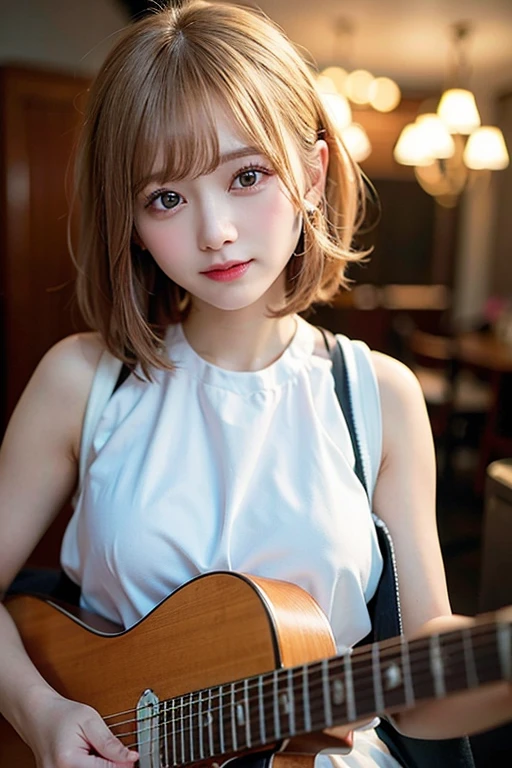 (8K, Raw photo:1.2),Detailed face and eyes,Best Quality, 超A high resolution, Highly detailed ,intricate detailes ,masutepiece ,Cute Girl , Soft cinematic light, Hyper-detailing, High quality,a blond, bob cuts, NSFW,Wearing a dress、Blue electric guitar in hand