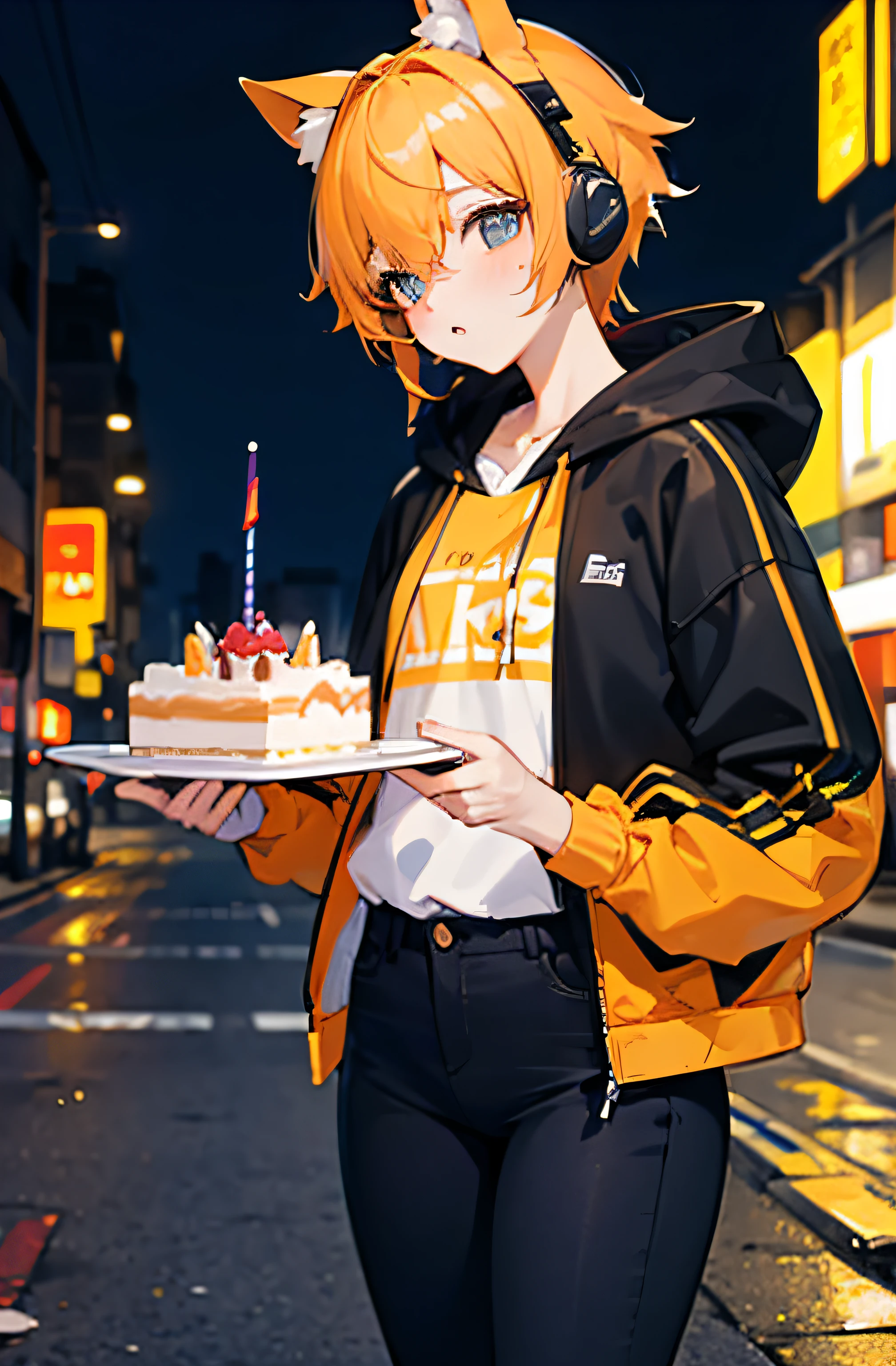 8K分辨率、((top-quality))、((​masterpiece))、((ultra-detailliert))、1 woman、独奏、incredibly absurdness、Oversized hoodies、headphones 、Street、plein air、Sateen、neons、Shortcut yellow Haired、Brightly colored perfect eyes、orange open jacket, black shirt, black cat ears , holding a birthday cake, city street in the background, night time, black tight jeans