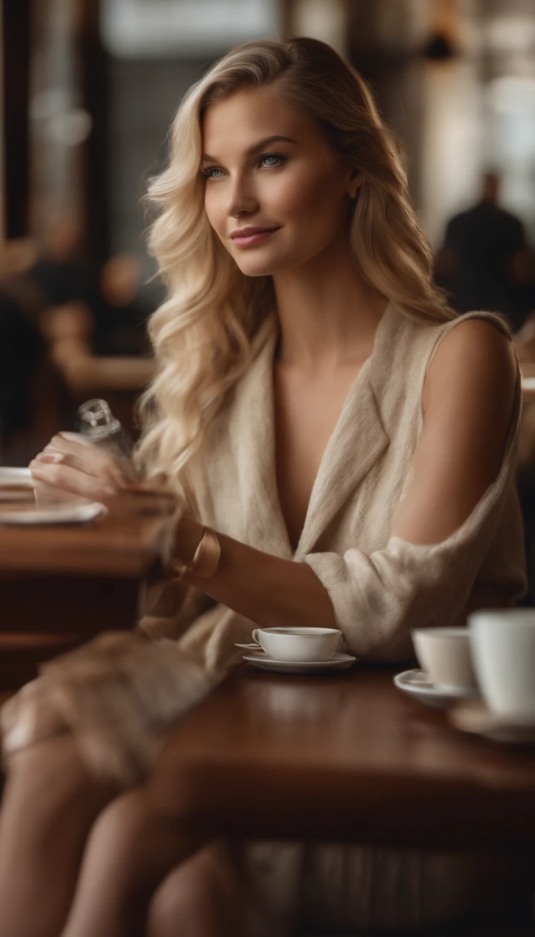 UHD, photorealistic , Masterpiece, Ultra detailded, 1 gorgeous blonde, 23 years old, (european:1.0), wavy hair, she's a model, in a bookstore cafe, chill. Blurry Foreground coffee cup, perfect body, perfect hands, perfect breast, Perfect hair, Perfect eyes,