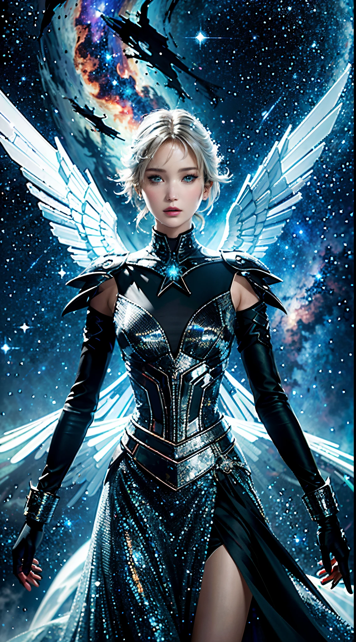 Looks like Jenifer Lawrence, （tmasterpiece）， （best qualtiy：1.4）， absurderes， [：intricately details：0.2]， Silhouette of a giant angel，  galactic，starrysky，Huge nebula， Strong focus，extreme light， Mysterious symbol， sparkling motes，dramatics, sky is a battlefield.