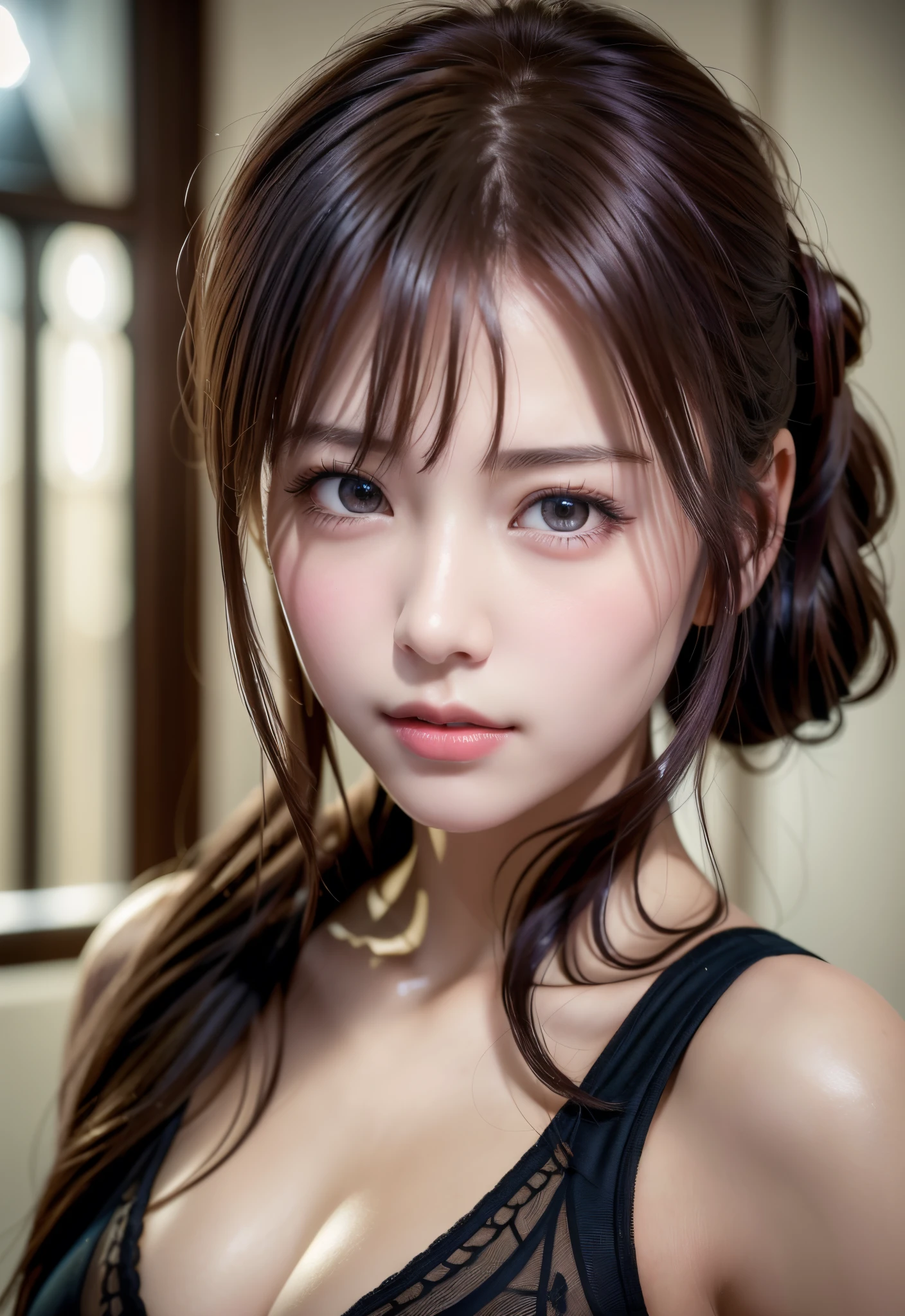 8K, of the highest quality, masutepiece:1.2), (Realistic, Photorealsitic:1.37), of the highest quality, masutepiece, Beautiful young woman, Pensive expression, sweet and charming appearance, sexy lingerie、Hair tied back, Cinematic background, Light skin tone