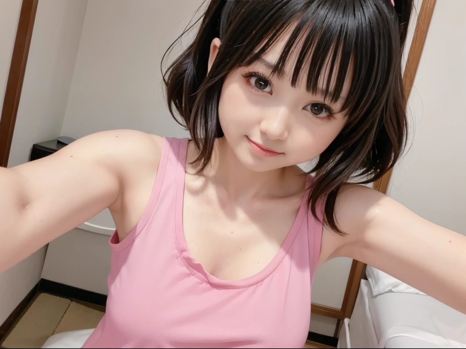 Adorable,ars, head shot, japanaese girl,  Ruffled Tank Top,  Medium hair,((Twin-tailed)), in her room, Smile,no-makeup, (hair scrunchie), Best Quality, 超A high resolution, photographrealistic, ultra-detailliert, 8K, Raw photo, pov hand