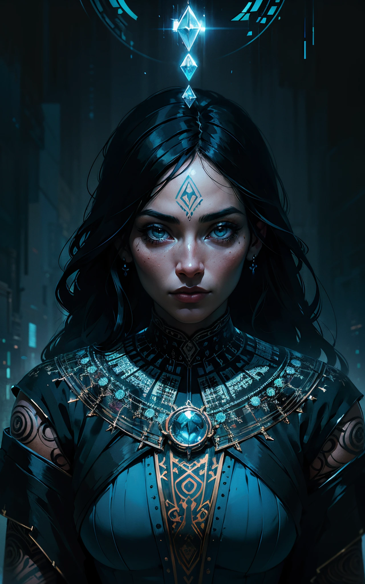 ultra-detailed artistic abstract beautiful indigenous woman with long black hair, magic with bioluminescent filigree, geometric photography, 32k fashion abstract poster, detailed symmetrical blue iris, natural body posture by artist russ mills, art by alberto seveso, by Carne Griffiths, by Wadim Kashin, symmetrical, abstract art style, sharp eyes, digital painting, burst of color, concept art , volumetric lighting, by GIlSam-paio octane rendering depicting innovation and truth, 8k, by Lee Jeffries, Alessio Albi, Adrian Kuipers, glamour, intricate detailed environment, lace, smudges , dark background, masterpiece, ornate, depth - studio Gs perfecty.