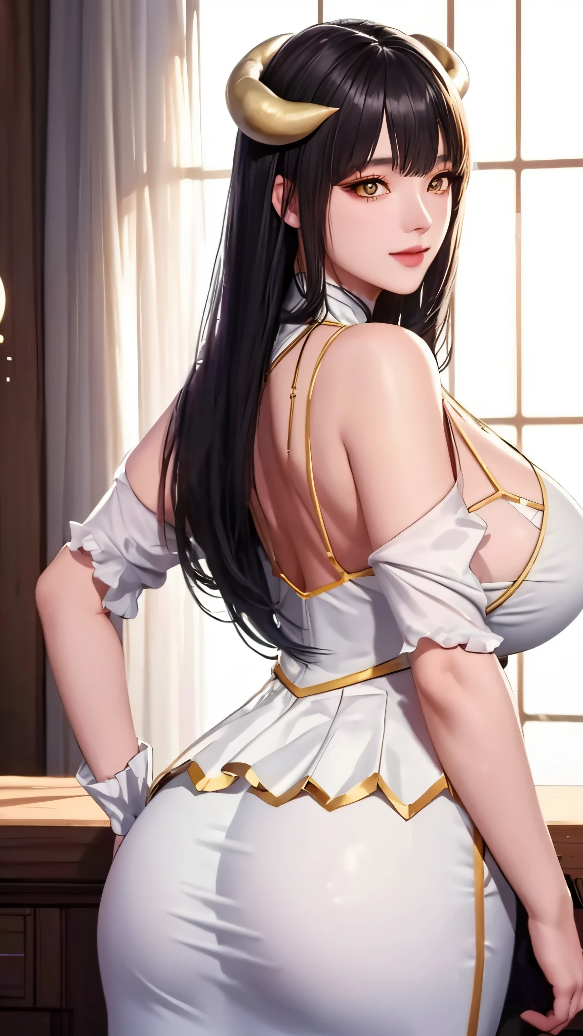 （（（albedo \(the good\), white horns, demonic horns, slit pupils，White dress, long  skirt，Black wings, Feathered wings，black color hair，Golden pupils，Fashionab））），((tmasterpiece)),A high resolution, ((Best quality))，tmasterpiece，top-quality，Best quality at best，（（（ exquisite facial features，looking at viewert,There is light in the eyes，Smilingly，self-assured ））），（（（Light and shadow interlace，huge boob，Lop，Protruding nipples））），（（（araf asian woman posing, beautiful Korean women, Sam rice cereal, Realistic young gravure idol, Lop, beautiful attractive anime woman, Korean girls, Japan goddess, drying，and the sun was shining brightly, seductive anime girls, gorgeous young korean woman, yanjun chengt,from back，plump butt）））