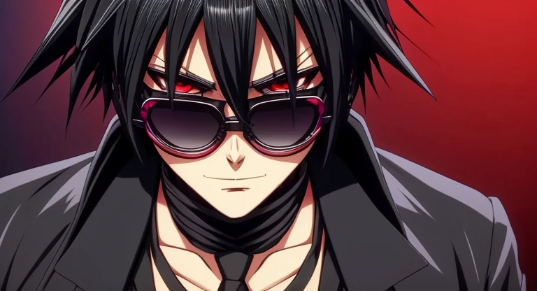 sukuna, black hair that spikes only to his right and purple sunglasses and brown eyes and a black jacket with red outline at the opening