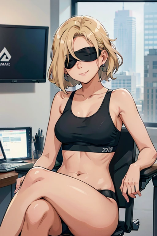 A beautiful  23 years old blarefoot woman, with wavy short blonde hair, earrings, calm smile, wearing a black blindfold and a sportsbra, sitting in a lotos pose on an office chair.