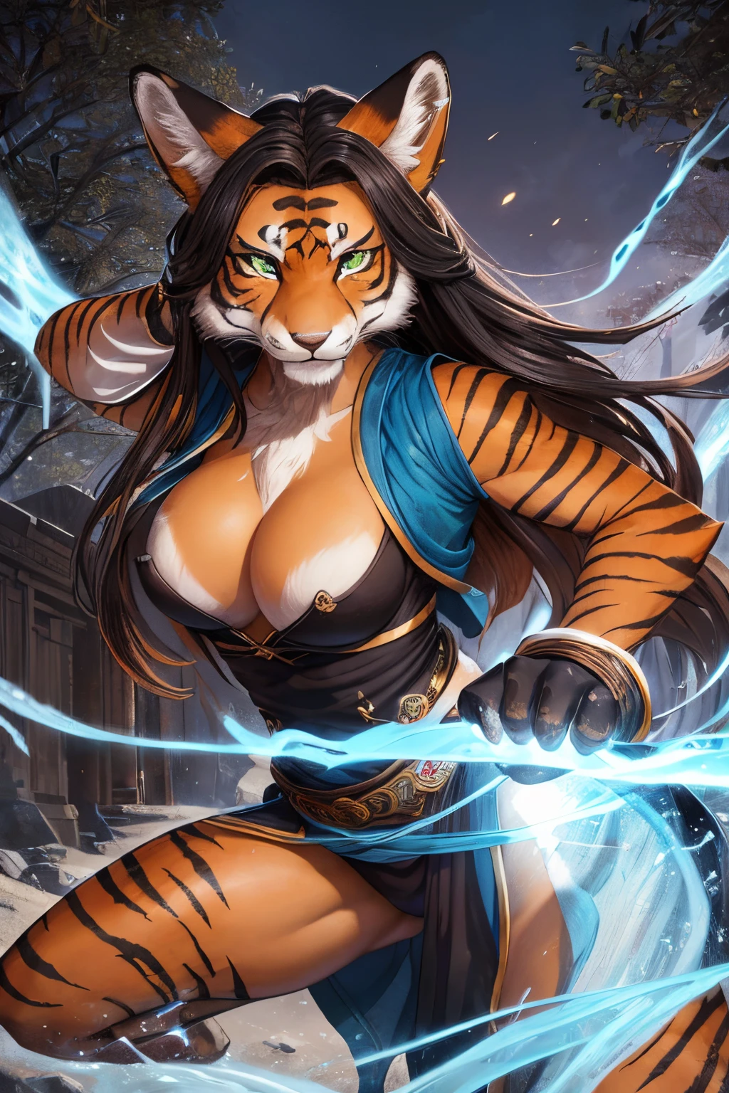 ((Beastwoman))(Furry, Solo focus)(furry anthro:1.7)(((furry body, Facial features of a fox, Features of a tiger body))),(((detailed muzzle of tiger, very detailed long thick orange and black fur))), (Orange tiger fur covers her entire body) (best quality,4k,8k,highres,masterpiece:1.2),ultra-detailed,(realistic,photorealistic,photo-realistic:1.37),an anthro tiger girl in a fantasy adventure as a monk,(long black hair that falls past her waist), (beautiful detailed green eyes),beautiful detailed lips,tiger-like body features,athletic, dynamic martial arts pose ,stealthy movements,((blue monk robes) with a touch of fantasy flair),gorgeous vibrant colors,eerie and mysterious atmosphere,ethereal glow highlighting the girl's presence,a hidden ancient temple in the background,intricate engravings on the temple walls,commissioned artwork done in the style of traditional Japanese paintings with a mix of digital illustrations,emphasis on dynamic brushstrokes and flowing lines,rich texture and layering effects to add depth to the image,subtle use of colorful and playful patterns on the girl's clothing,striking contrast between light and shadow to create a sense of drama and excitement.