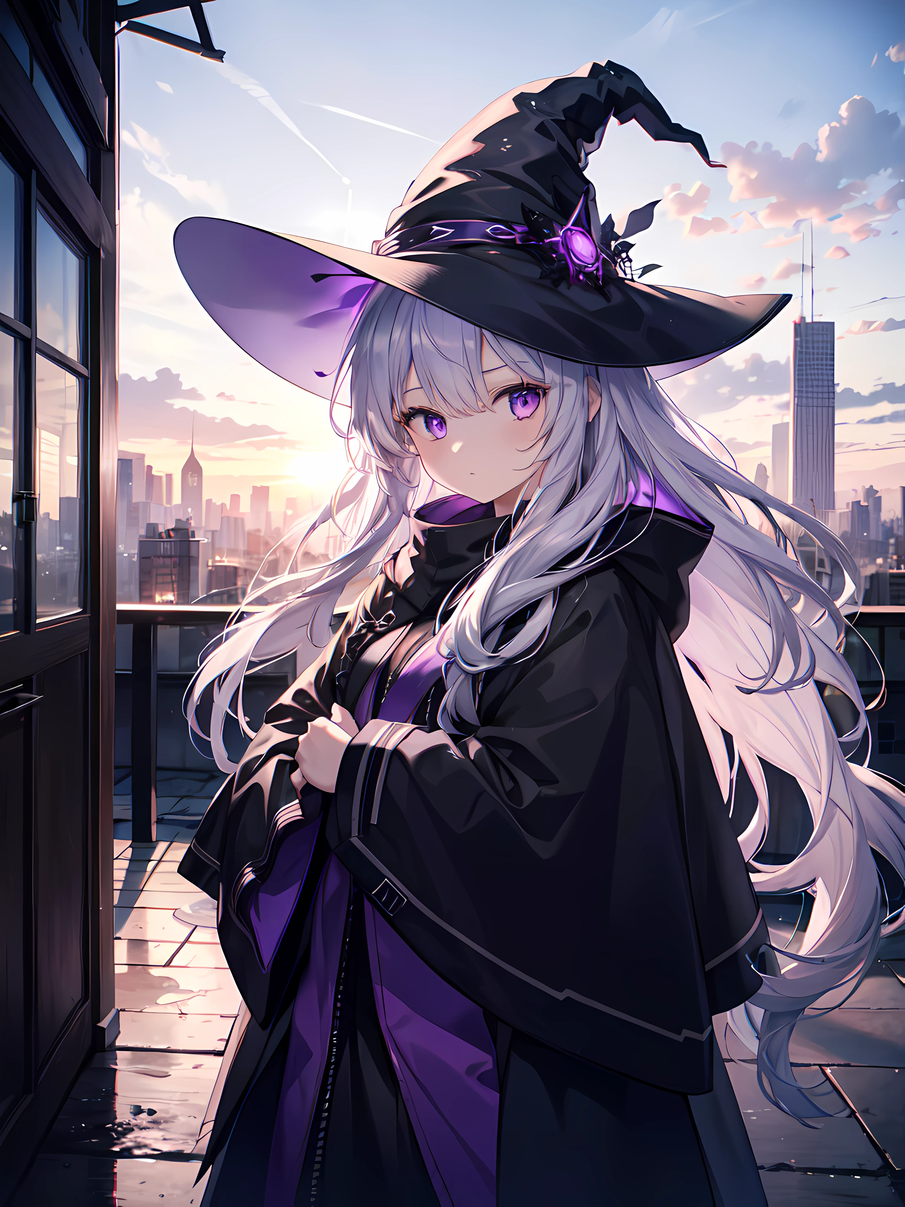 1girl,long silver hair,purple eyes,wearing witch hat and cloak,standing on a rooftop in a bustling city at sunset,absurdres,high res,ultrasharp,8K,masterpiece,looking directly at the viewer