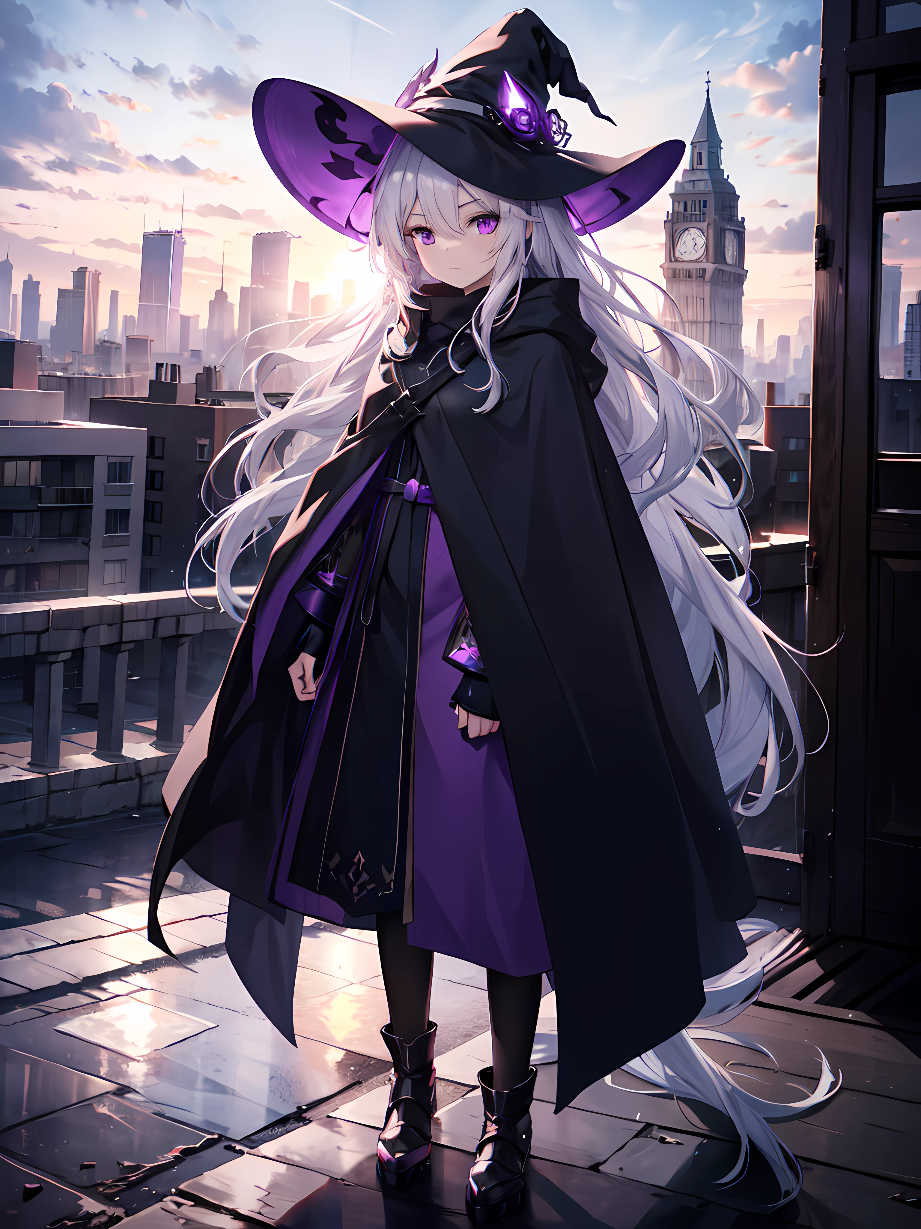 1girl,long silver hair,purple eyes,wearing witch hat and cloak,standing on a rooftop in a bustling city at sunset,absurdres,high res,ultrasharp,8K,masterpiece,looking directly at the viewer