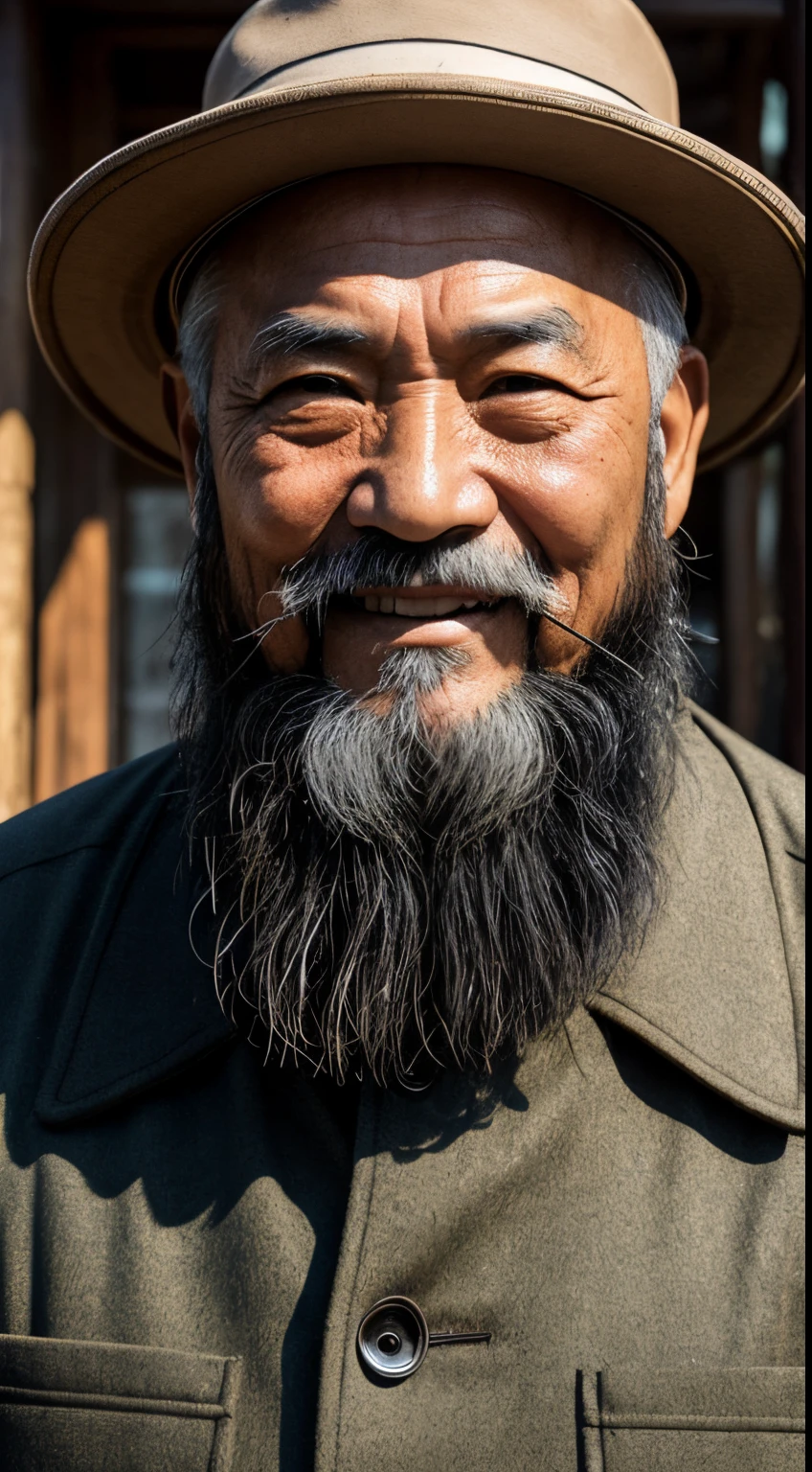 An old man with traditional Chinese thoughts，Real frontal photos，Authentic background，The background is nature，On crutches，worn-out clothing，With a hat on，The face is covered with wrinkles，60-year-old，，The beard has turned white，male people，ssmile，unreal-engine，Wide，frontal photos，The upper part of the body，Face photo