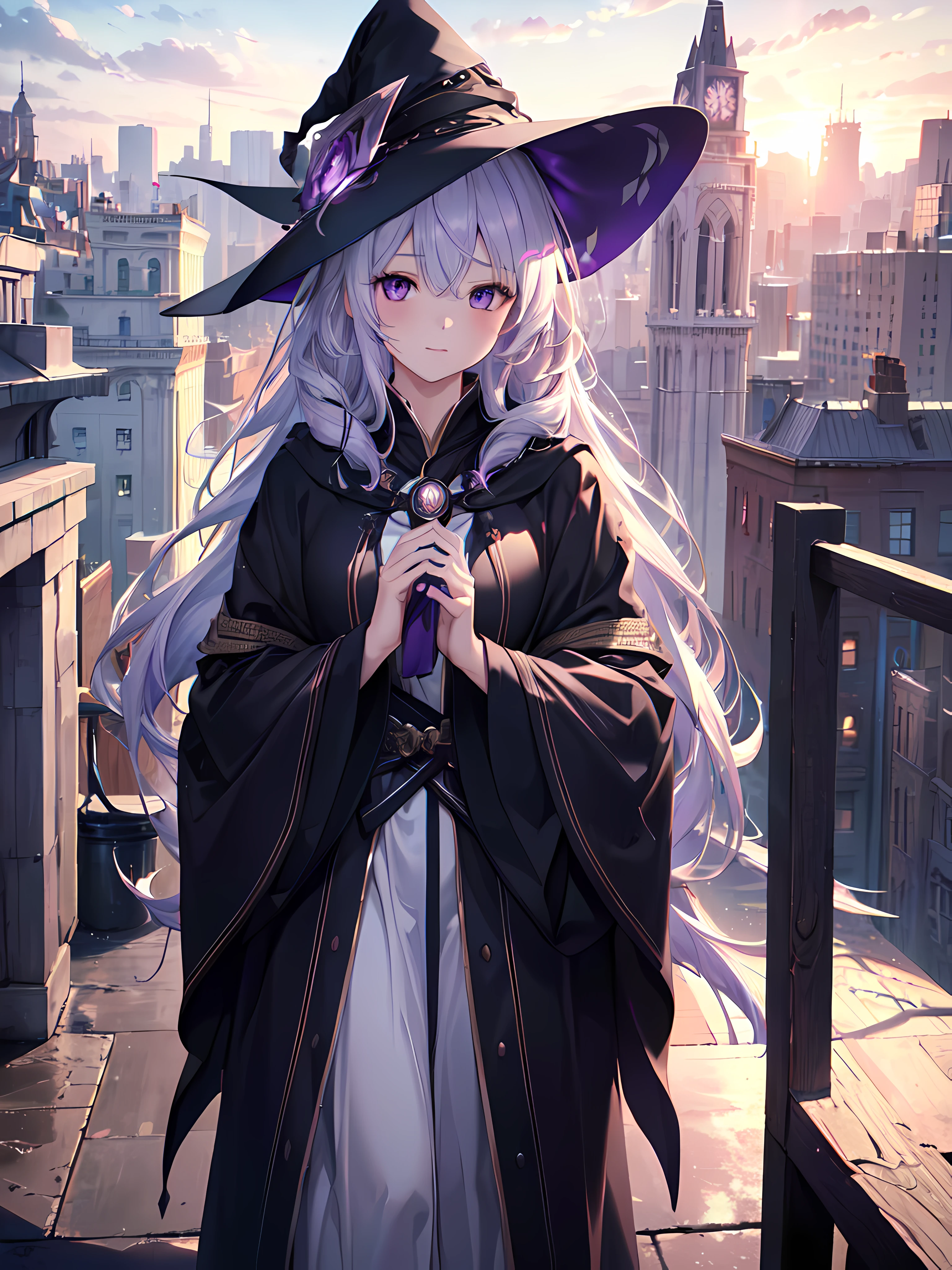(best quality,8k,highres,masterpiece:1.2),ultra-detailed,(realistic,photorealistic,photo-realistic:1.37),1girl,long silver hair,purple eyes,wearing witch hat and cloak,standing on a rooftop in a bustling city at sunset,vivid colors,sharp focus,portraits