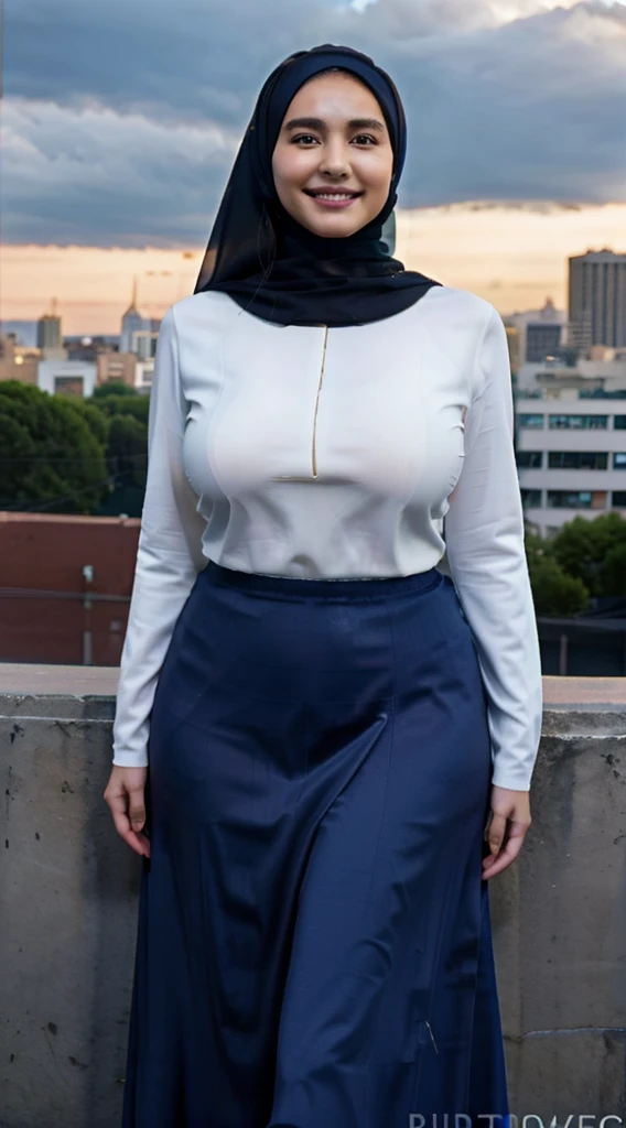 woman wearing a hijab, beautiful face, curvy body, bbw body, wearing a long dress, has big breasts, free pose, city background, sweet smile, super detailed 8k HD quality, very realistic quality, detailed body details.