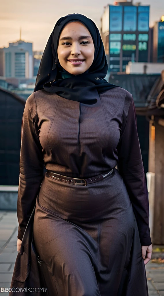 woman wearing a hijab, beautiful face, curvy body, bbw body, wearing a long dress, has big breasts, free pose, city background, sweet smile, super detailed 8k HD quality, very realistic quality, detailed body details.