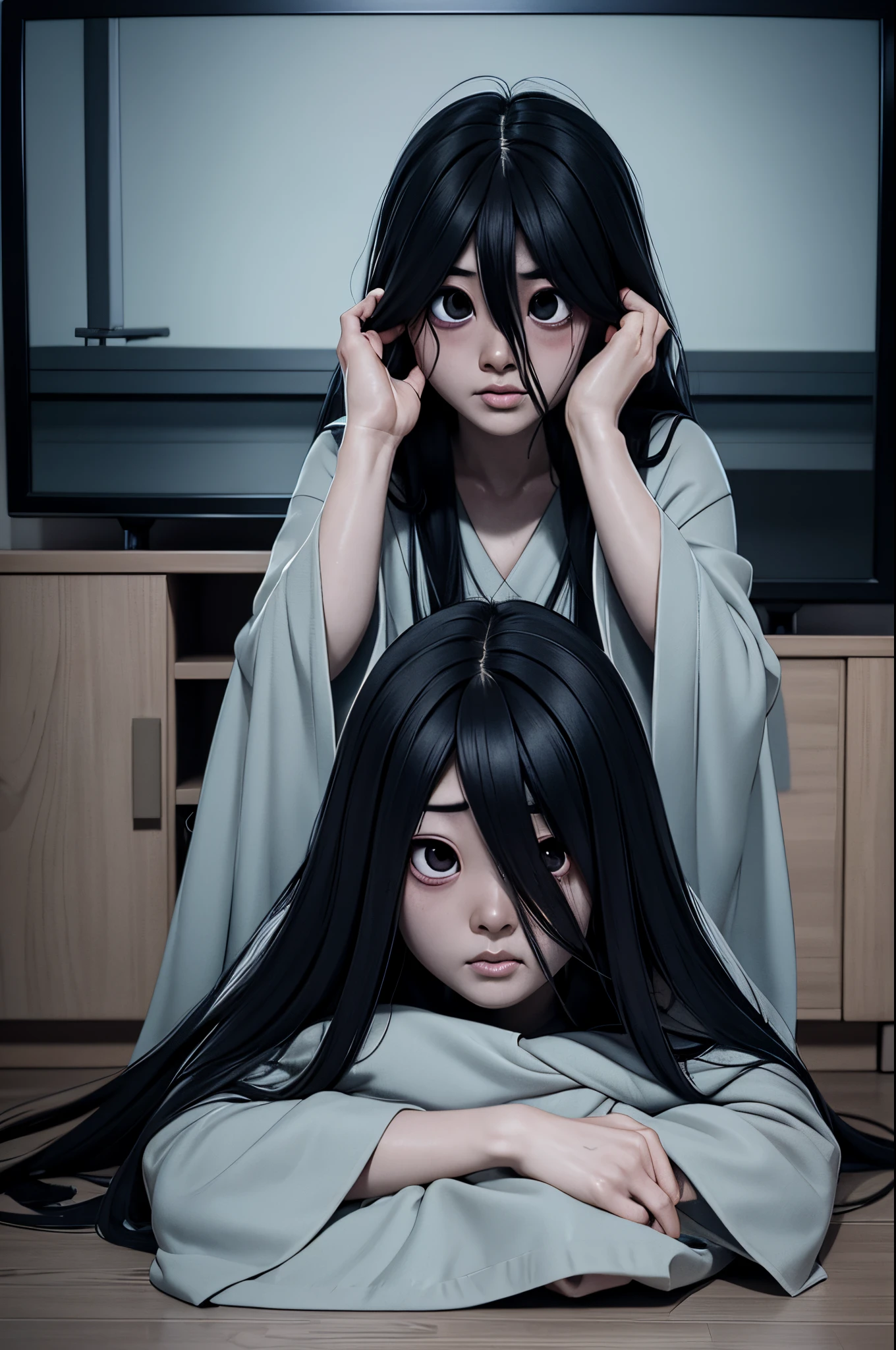 Barefoot long hair plump。roll eyes，A ghostly expression
