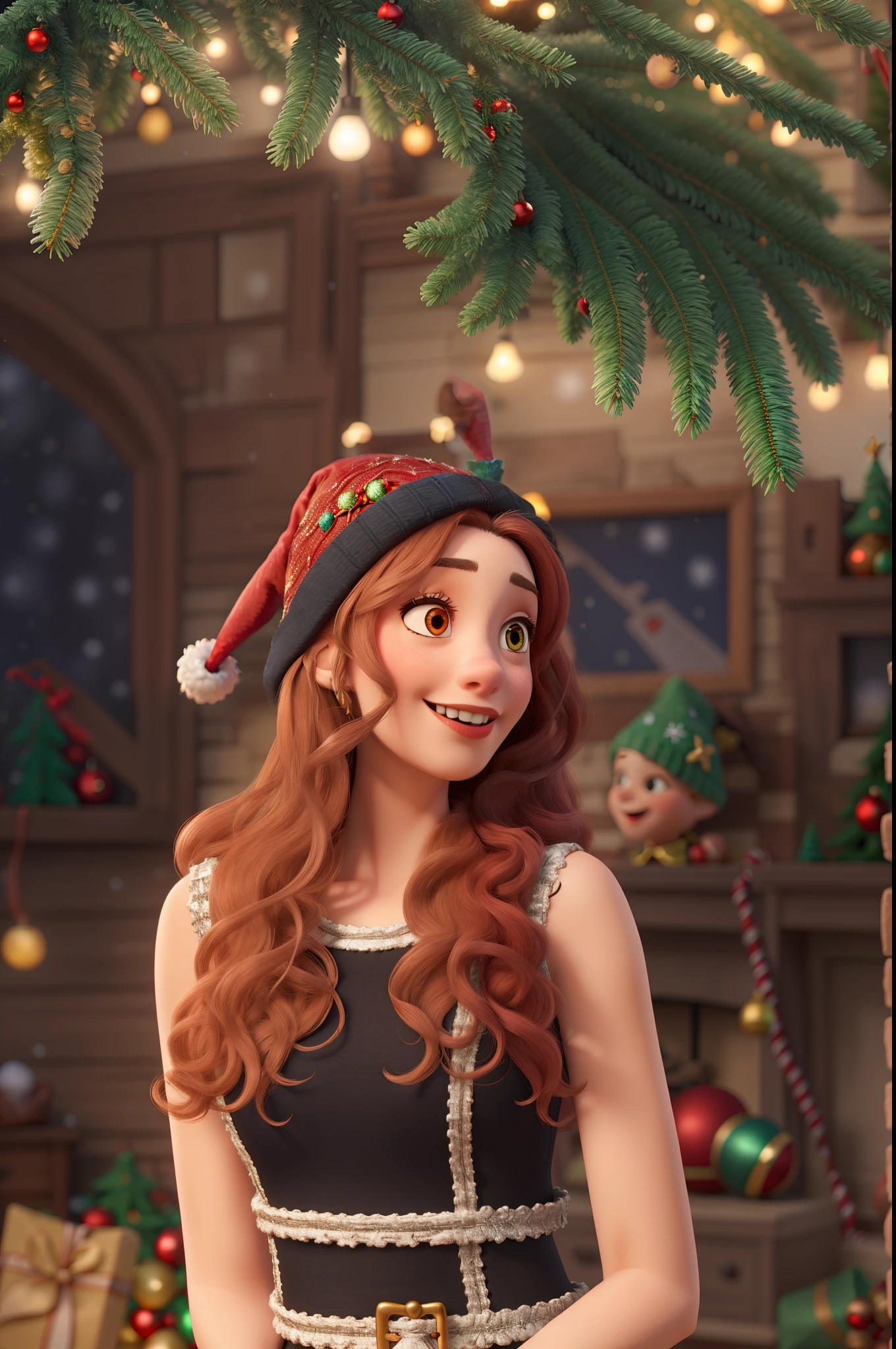 arafed woman with long hair and a black and white dress,HD, (best details), (best quality), disney style, happy, masterpiece, best quality, high resolution, christmas, lights, snow, young people, (((red Christmas hat))) Christmas decoration