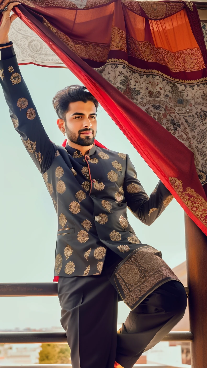 araffe man standing on a rail holding a red curtain, stylish pose, music video, wearing a kurta, doing an elegant pose, with a cool pose, photoshoot, very artistic pose, doing a hot majestic pose, youtube video screenshot, attractive and good looking, photo shoot, doing a majestic pose, dressed in a jodhpuri suit, photo from a promo shoot