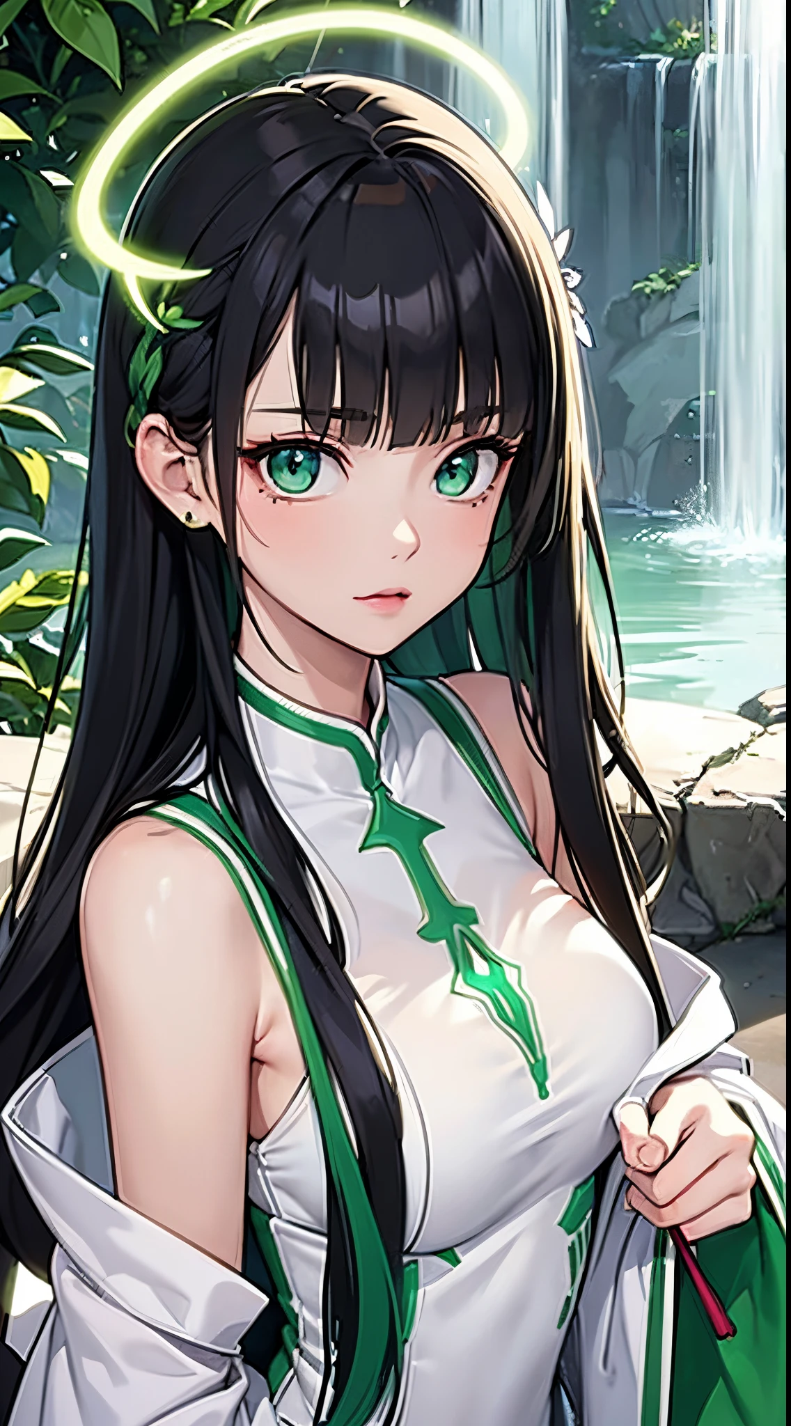 masutepiece, Superb Painting, Illustration, 1 girl, Cute, (Dinamic Light: 1.2), Cinematic Light, Delicate facial features, (Beautiful eyes: 1.2), (Bright green eyes: 1.233), waterfall braid, extra long black hair, depth of fields, Background bokeh, Clear focus, (super detailed, Halo, Glow: 1.4), length hair, Beautiful girly face, , Medium, (Bare shoulders: 1.1), (: 1.1), Dress, trimmed white, Delicate and gorgeous, (Slit Sleeve, Wide sleeves), lush green hairpin