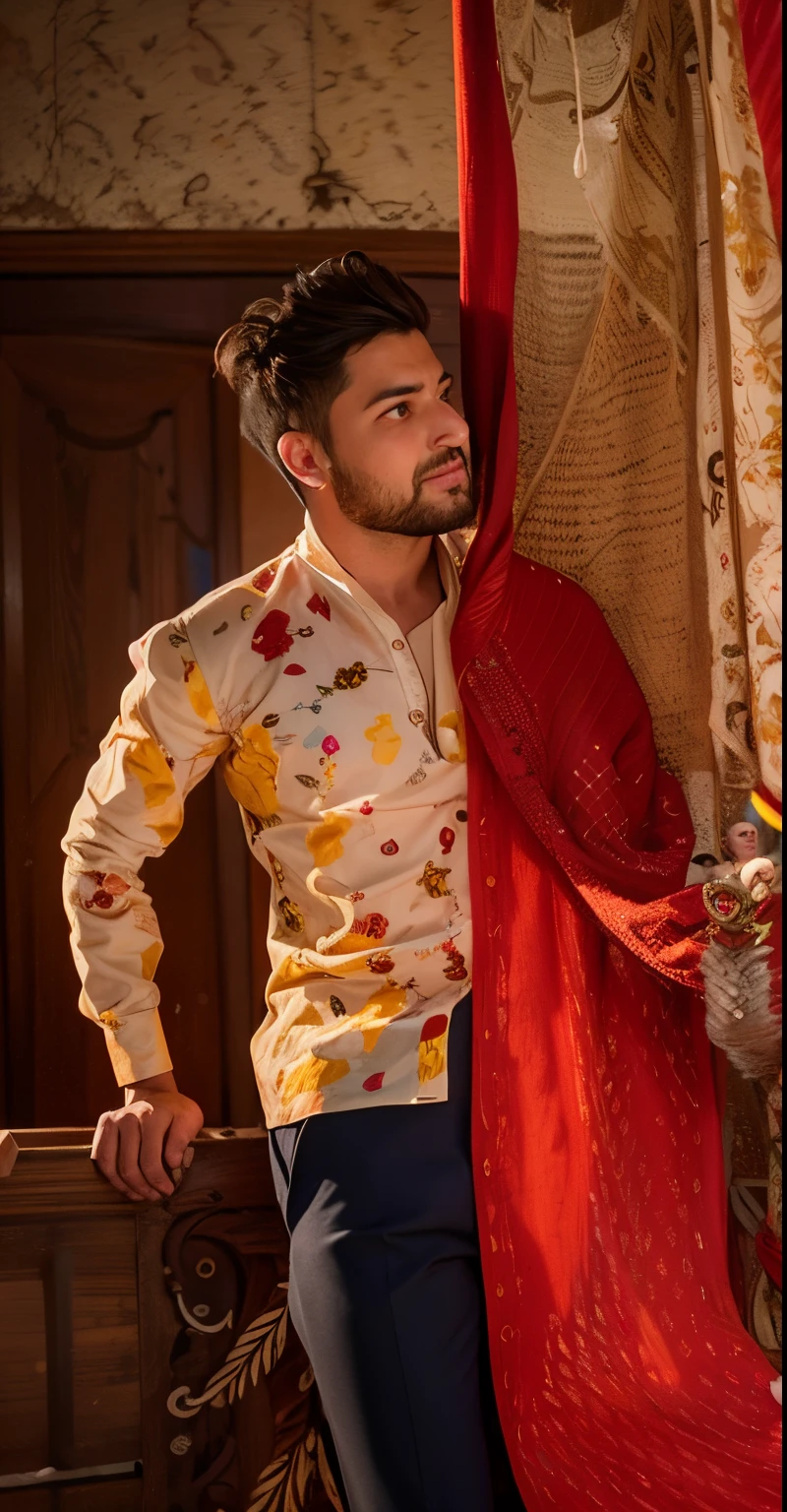 araffe man standing next to a curtain with a red scarf, candid picture, very very low quality picture, wearing a kurta, edited in photoshop, candid photography, portait photo profile picture, full body photogenic shot, profile picture 1024px, full body in camera, * colour splash *, low quality photograph, full body profile camera shot