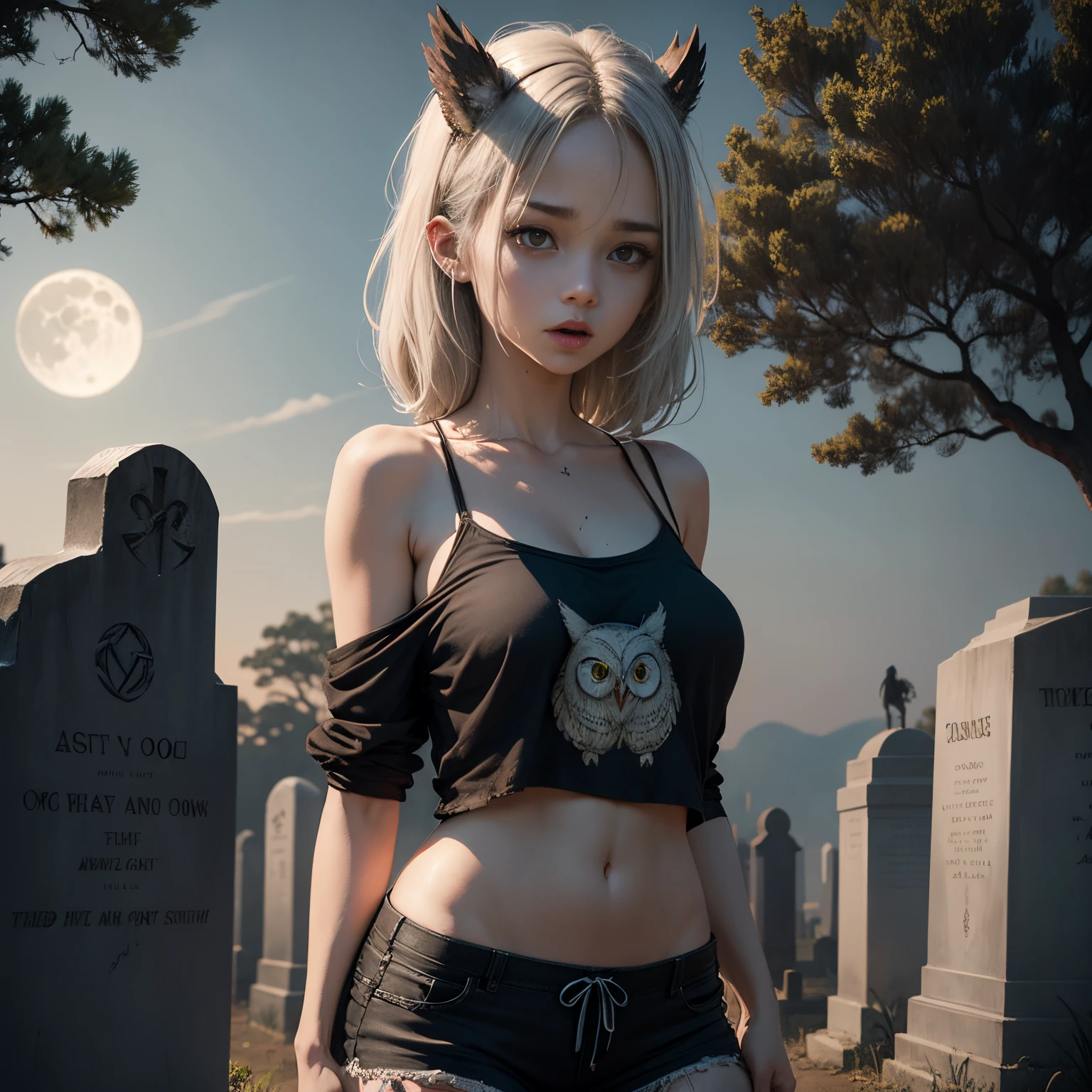Anime style, best possible quality; Simple cemetery, a dry tree with an owl on the branch, tombs and graves, a zombie young zombie woman, grayish color, dirty and worn t-shirt showing off her shoulders, in black panties, extend your hands as if you were going to look for something, eyes wide open, mouth drooling, hair dirty, she walks among the tombs, full moon in the background; add written speech bubble "BRAINS"