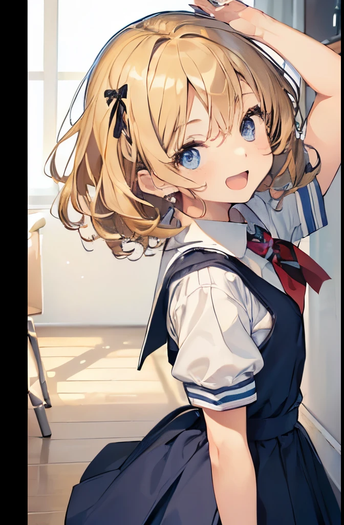 1girl, aira shiratori, green eyes, :D, smile, happy, blonde hair, detailed eyes, detailed face, female school uniform, sailor outfit