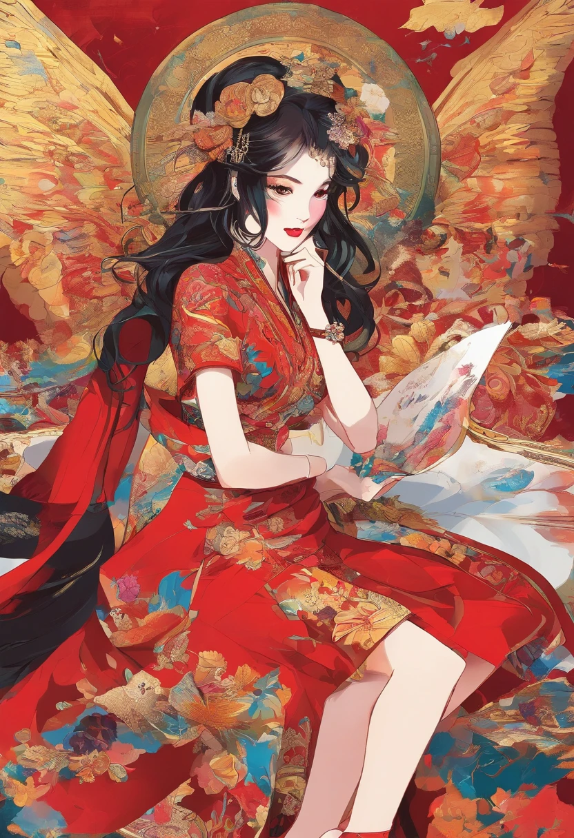 Red and gold tones、Vibrant colors、((masterpiece)))、(((top-quality)))、((ultra-detailliert))、(A hyper-realistic)、(highly detailed CGillustration)、Official art、magic city shanghai、Decadent、Madame Papillon、matchless beauty、Fans、Gorgeous cheongsam、jewely、Perfect Angle、perfect-composition。full body Esbian