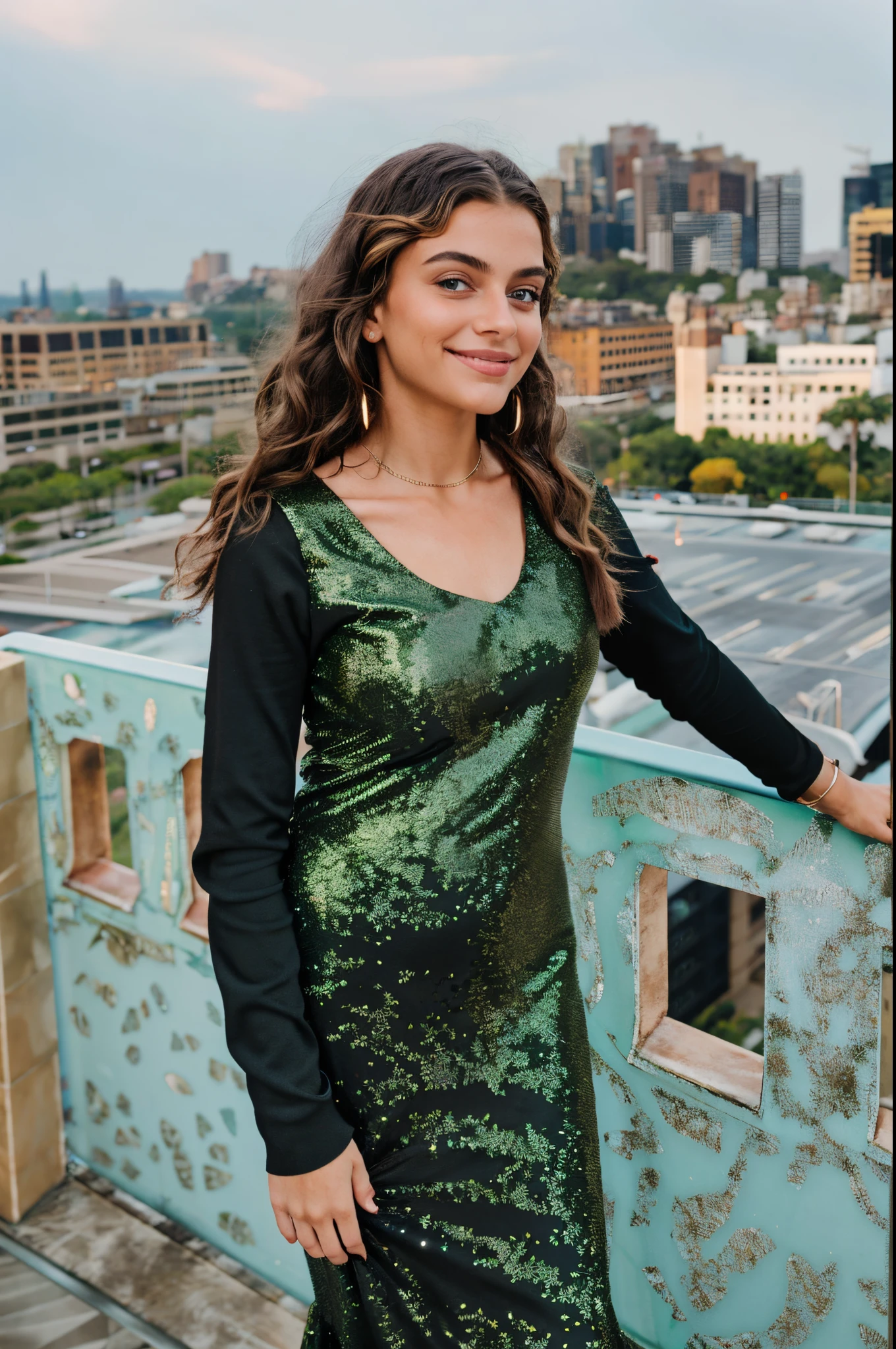 woman in a black dress standing on a balcony with a view of a city, candid picture candid photo, around 1 9 wearing a sparkling dress, with a beautiful smile, very accurate photo, Indian dress