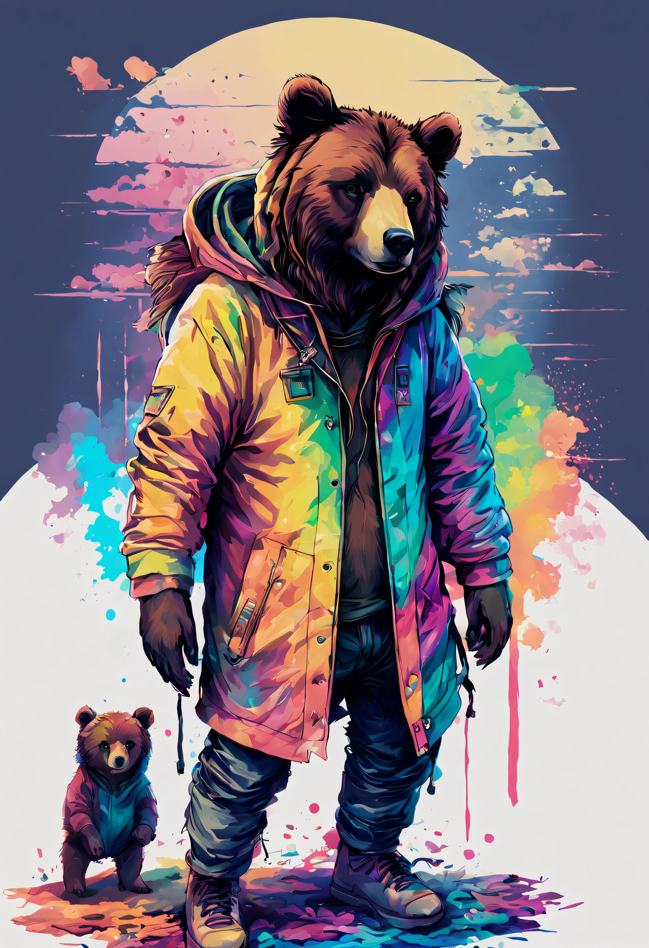 Time Traveler,A bear that transcends time and space、 hiar, and future.、Fine Art、Spooky、wearing hoodies、Beautiful posture、beautiful colored long hair、Depth of subject、detail portrayal、masutepiece、(flat-colors:1.3)、(colourfull:1.8)、