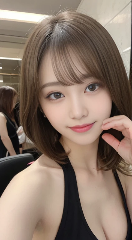 masutepiece, Best Quality, Illustration, Ultra-detailed, finely detail, hight resolution, 8K Wallpaper, Perfect dynamic composition, Beautiful detailed eyes, In short Bob, Marron beige hair, A little bigger, Natural Color Lip, Bold sexy poses, Smile, Harajuku, 20 years girl, Cute, Sexy shot looking at camera