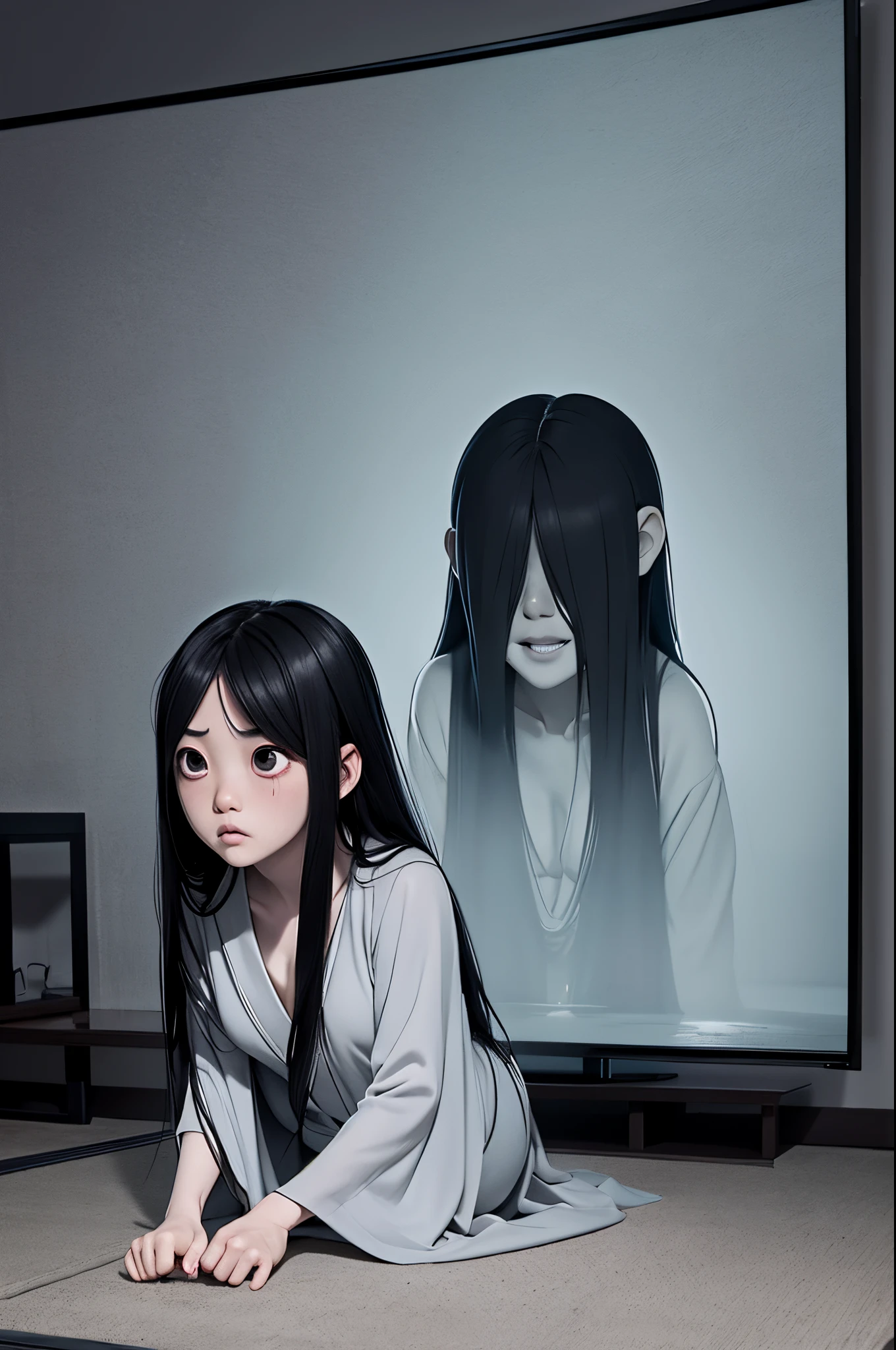 Sadako, soaking, wet robe, gray colored skin, Hair covers the face, sexy for.Sadako crawled out of the TV，A woman lying on the floor in front of the TV, japanese horror, style of hajime isayama, japanese horror movie footage, Junji Ito 4K, japanese pop surrealism