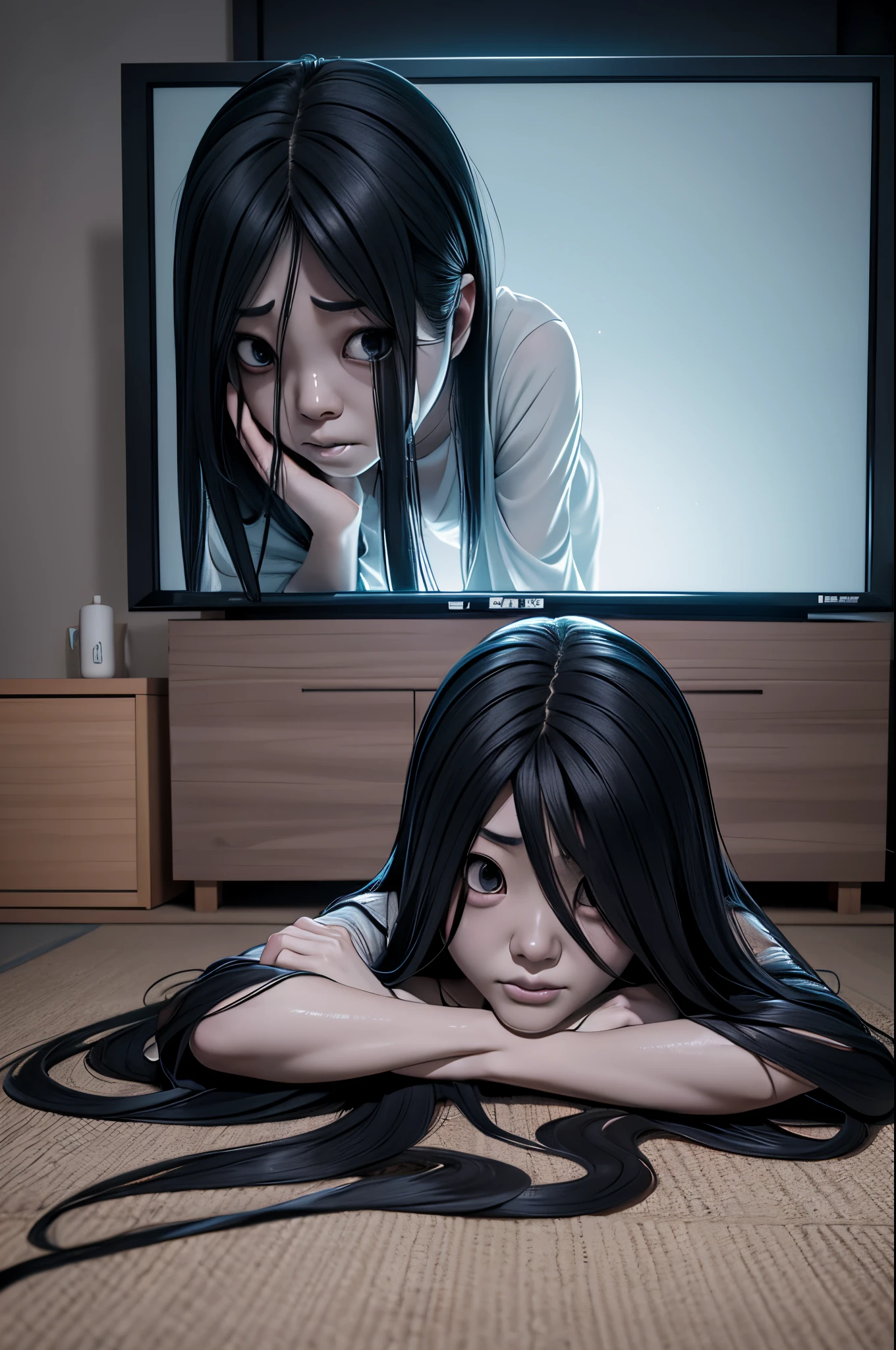 Sadako, soaking, wet robe, gray colored skin, Hair covers the face, sexy for.Sadako crawled out of the TV，A woman lying on the floor in front of the TV, japanese horror, style of hajime isayama, japanese horror movie footage, Junji Ito 4K, japanese pop surrealism