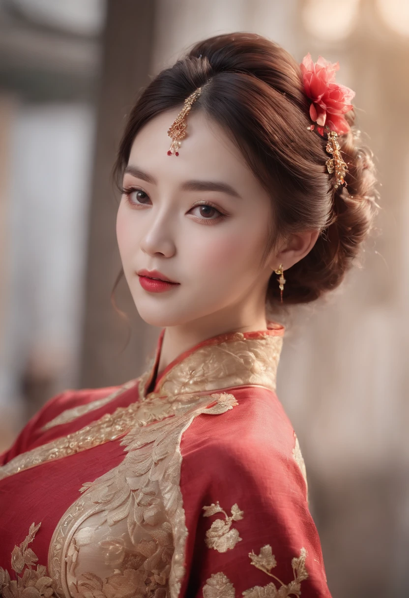Red and gold tones、Vibrant colors、((masterpiece)))、(((top-quality)))、((ultra-detailliert))、(A hyper-realistic)、(highly detailed CGillustration)、Official art、magic city shanghai、Decadent、Madame Papillon、matchless beauty、Fans、Gorgeous cheongsam、jewely、Perfect Angle、perfect-composition。full body Esbian