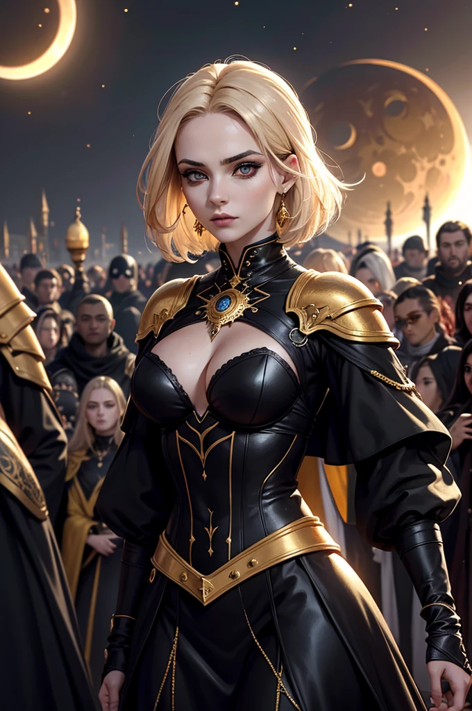 Uma personagem feminina usando capa com cabelos dourado curto, In the midst of the crowd,eclipse,goth clothing, detalhadas, 8k, magnificent art, dramatic scene, Eclipse at the apex of the image, maga, olhos azuis. Gothic armor with gold and black details.