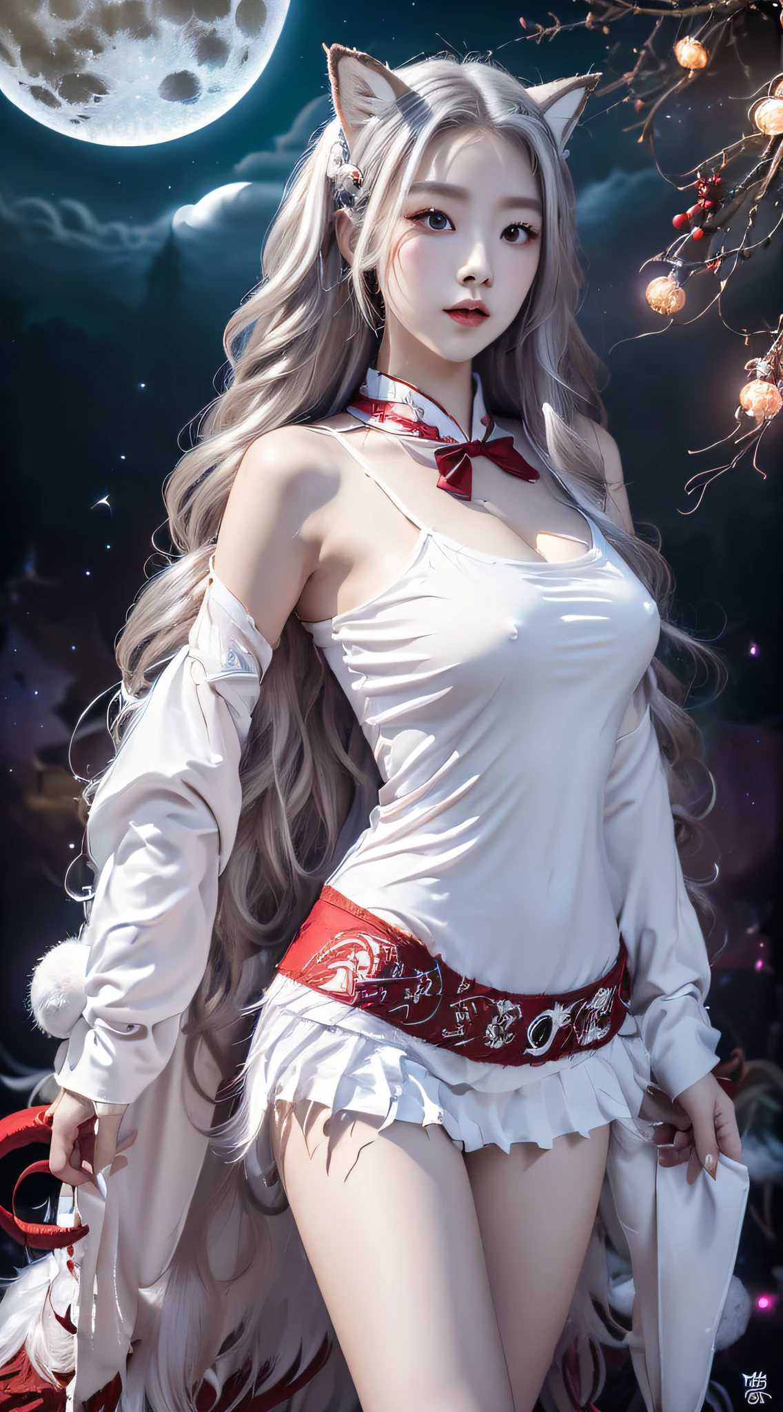 (((Magic background with full big round moon))),((Shot with knees apart)),(((21 year old Korean woman with long wavy white hair ))),(((A white and red costume))),(((nine tailed fox sexy costume))),((many white tails)),(perfect faces, perfect  eyes, Perfect nose, Perfect mouth, Medium Tits, 3D Magic Effect,Ultra High Definition, Reality,),Breast exposure