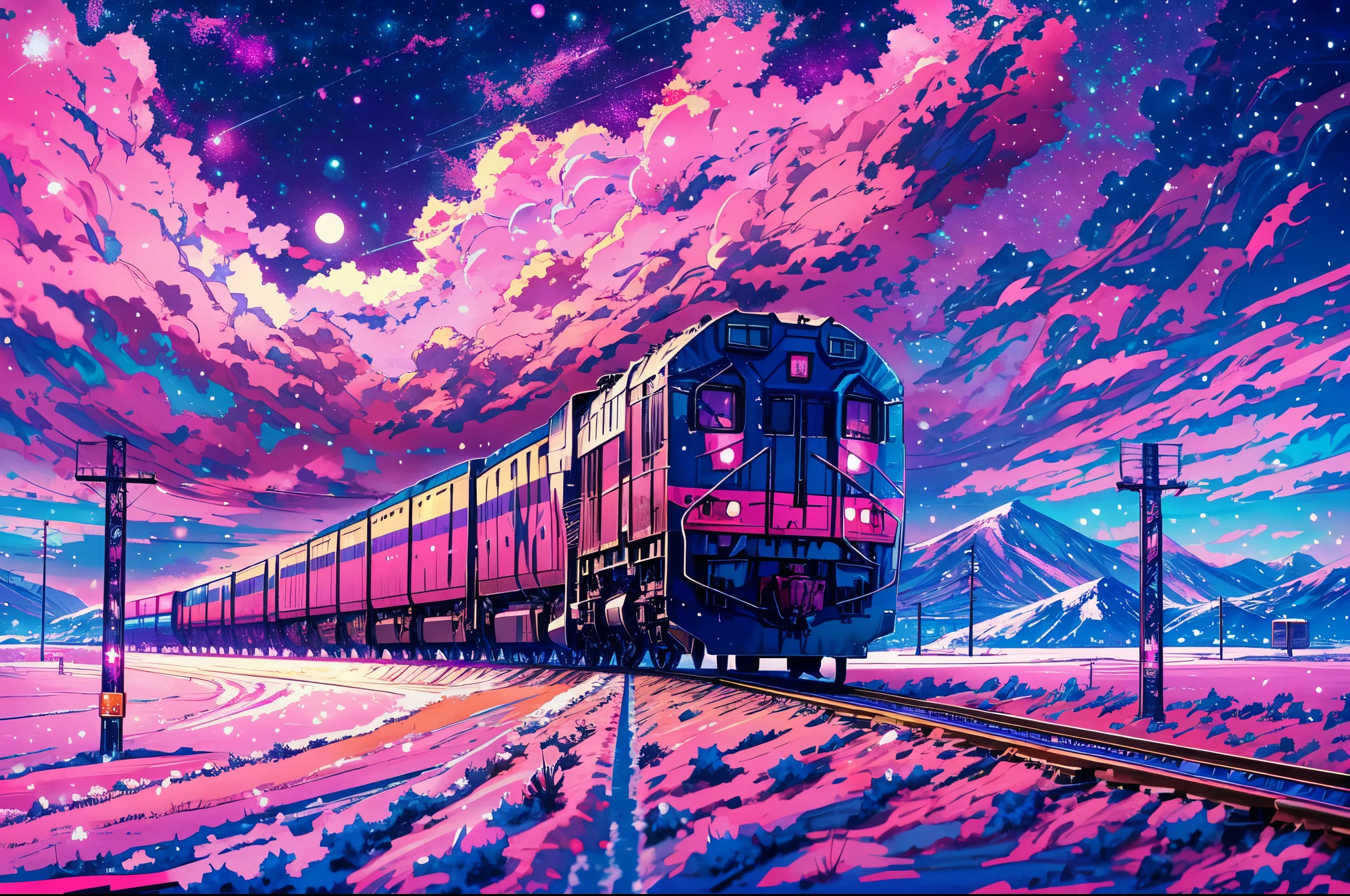 anime scenery of a huge train running on a vast winter plains under a starry night, purple pink sky, half moon, train,winter, snowy,train focus, view from under , anime art wallpaper 4k, anime clouds, makoto shinkai cyril rolando, by sylvain sarrailh, anime art wallpaper 8 k, 4k highly detailed digital art,