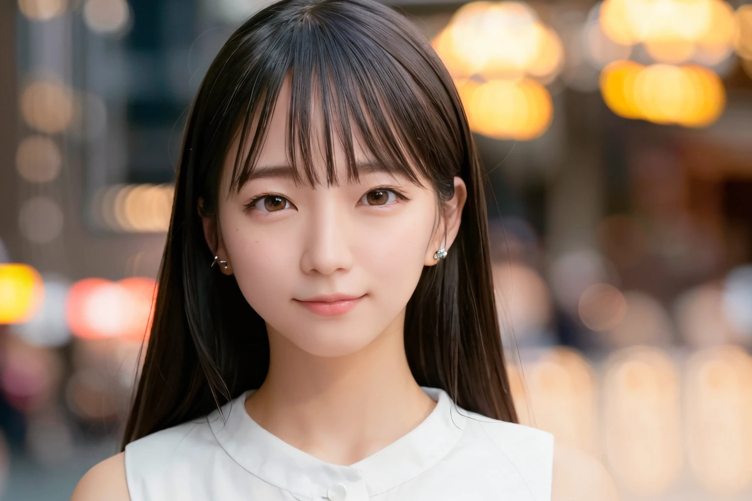 (skin blemish:1.2), (skindentation), black eye, 1woman, 25yo, (((woman))), solo, realistic, best quality, photorealistic, masterpiece, 8k, high res, solo, extremely detailed face, (professional lighting, bokeh), (light particles, lens flare, glowing particles:0.6), (dynamic pose:1.2), soft lighting, top angle view, fashionable and trendy atmosphere, japan, street, tokyo, city, ((daytime)), sky, ((looking at the viewer:1)), (looking at the camera),(portrait:0.6), cowboy shot, gorgeous, standing, keep original facial proportion, wide shoulder, full body, (small breast), (medium hair), brown hair, floating hair, lips, lipstick, seductive smile, floating hair, smile, open_mouth, teeth, (sleeves less white blouse), (jumper skirt), eyelashes, mole, (mole under eye:1),